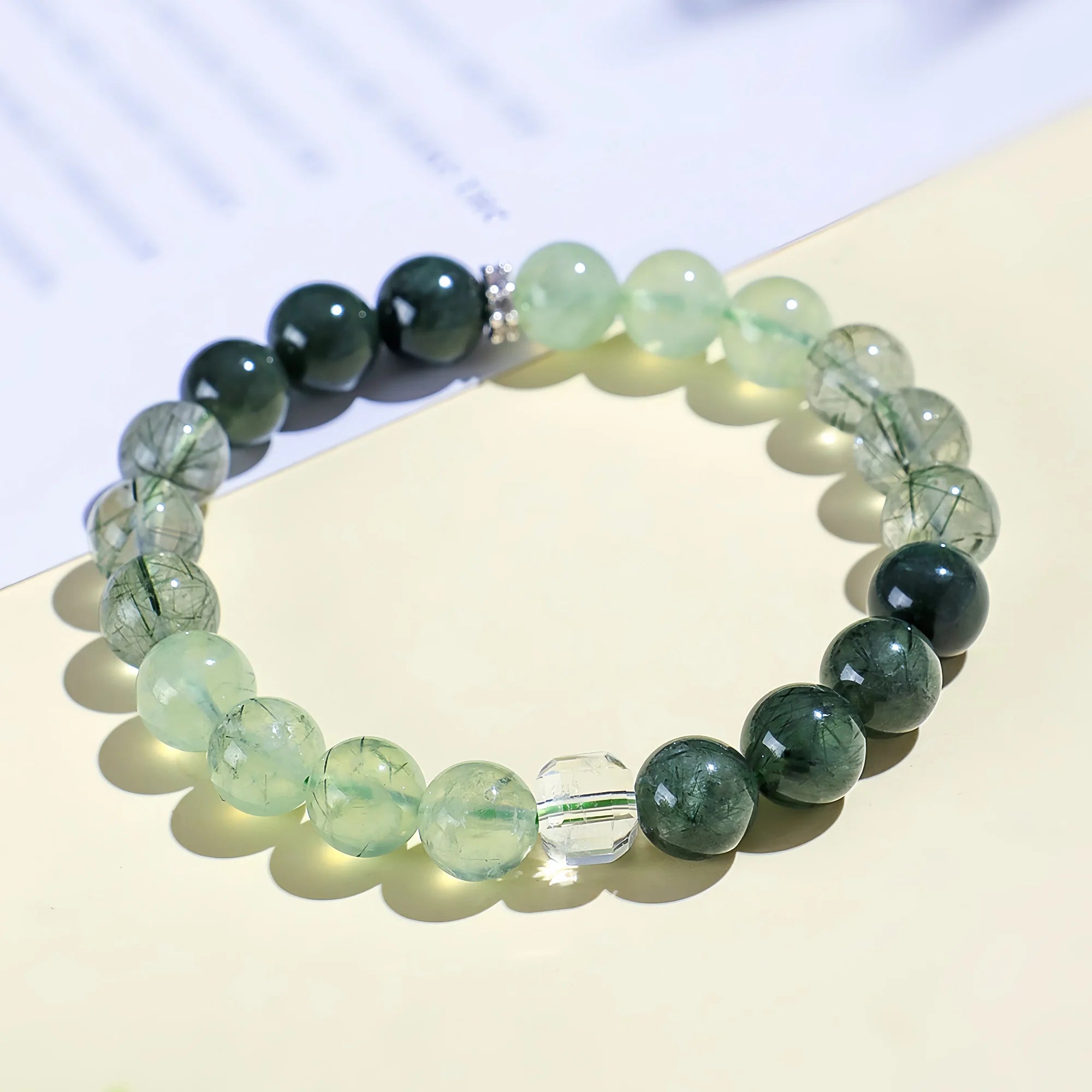 10mm Natural Green Rutilated Quartz & Prehnite Bracelet