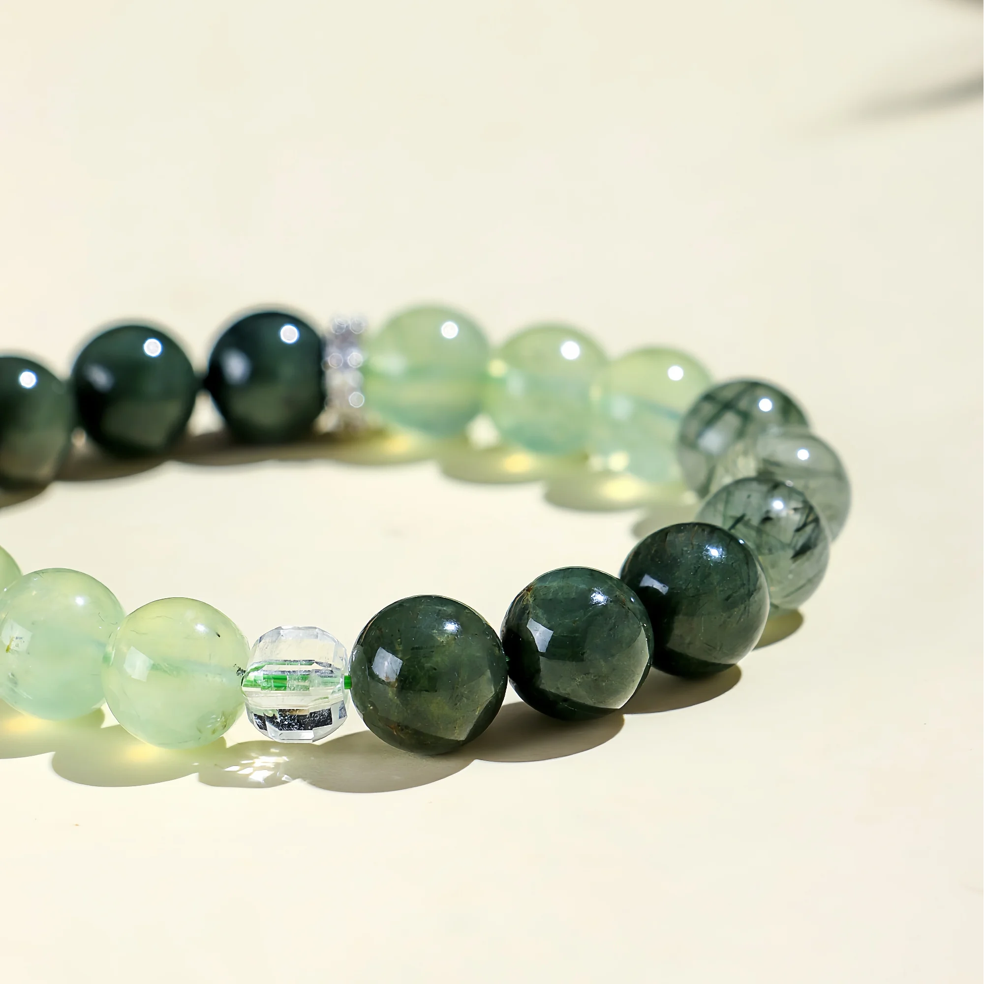 10mm Natural Green Rutilated Quartz & Prehnite Bracelet