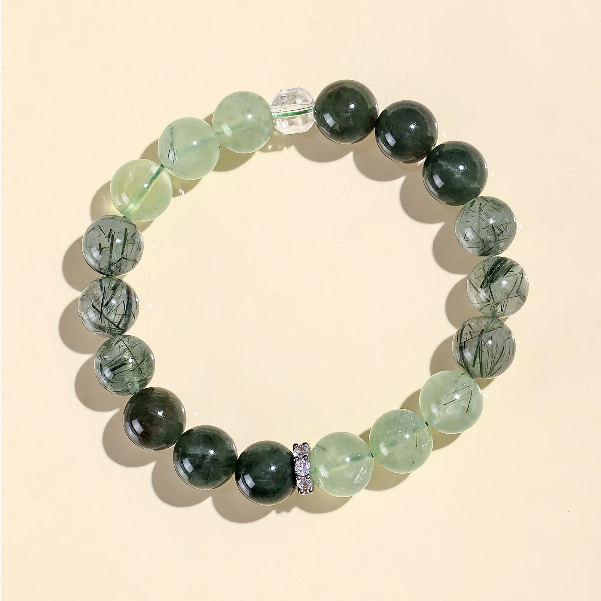 10mm Natural Green Rutilated Quartz & Prehnite Bracelet