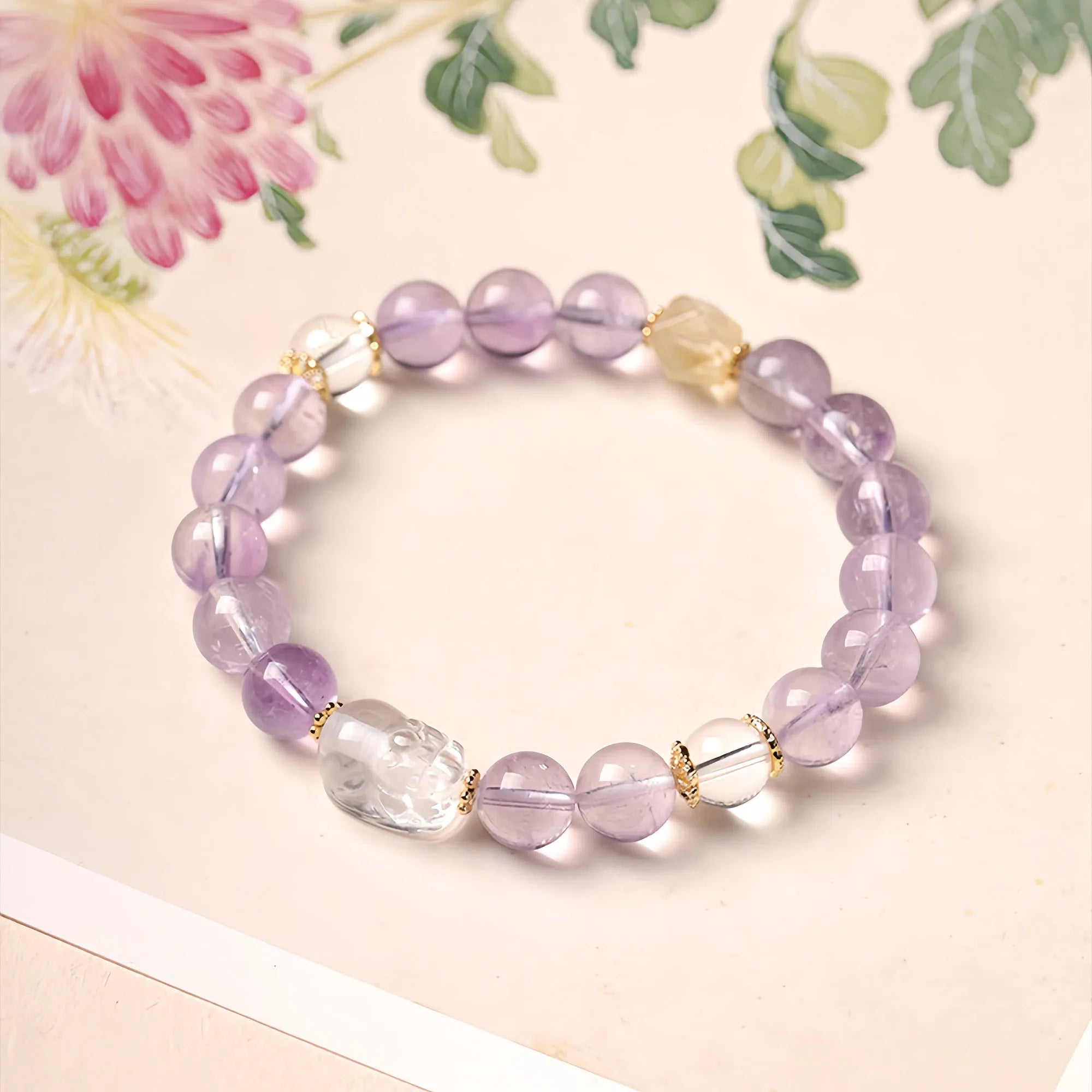 Amethyst Wealth Guardian Pixiu Bracelet with Citrine & Clear Quartz