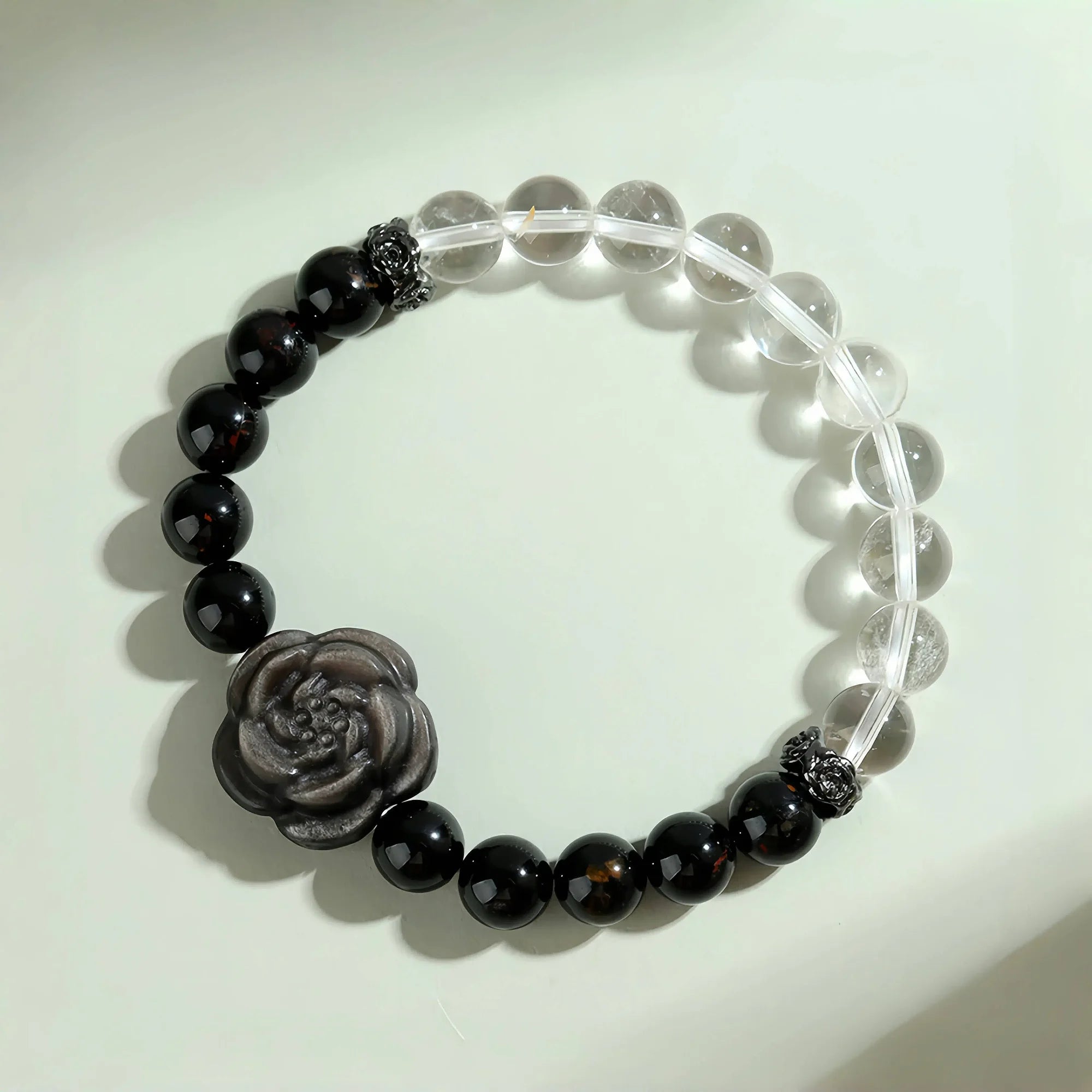 Black Tourmaline Clear Quartz Bracelet with Stone Rose