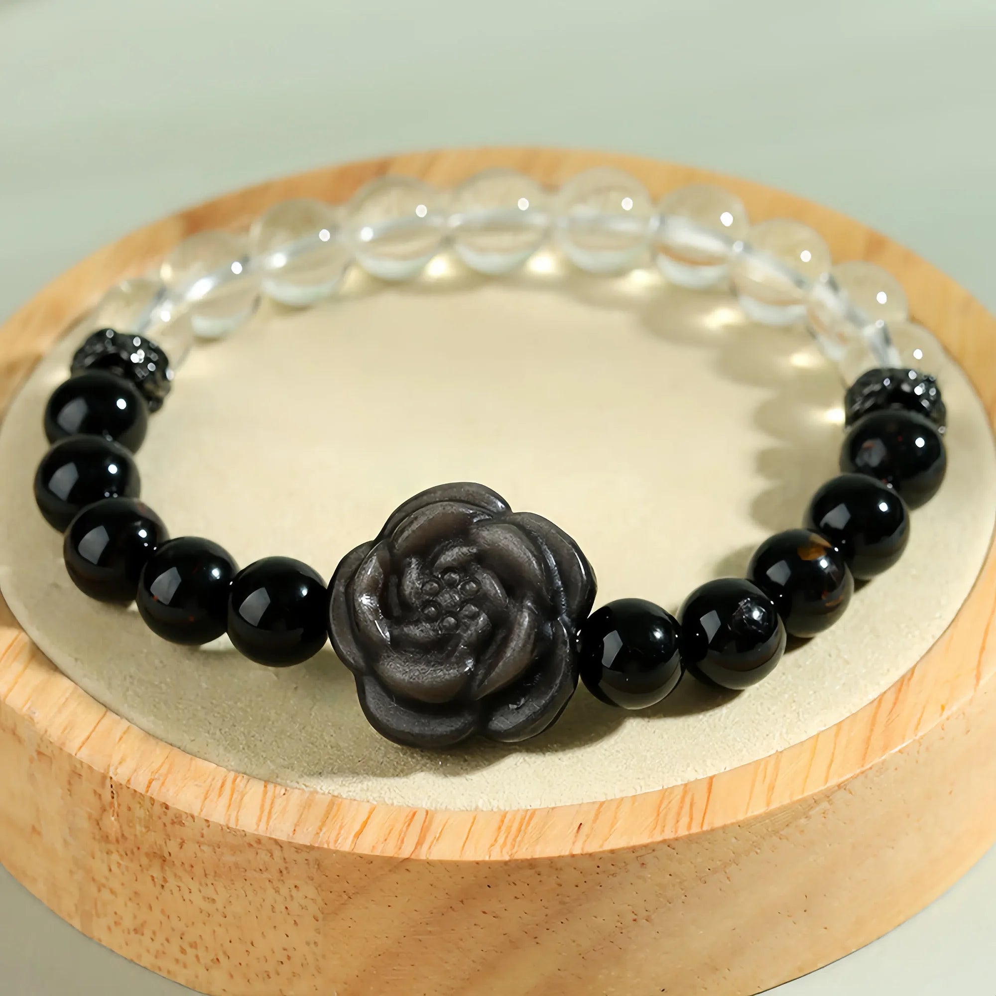 Black Tourmaline Clear Quartz Bracelet with Stone Rose