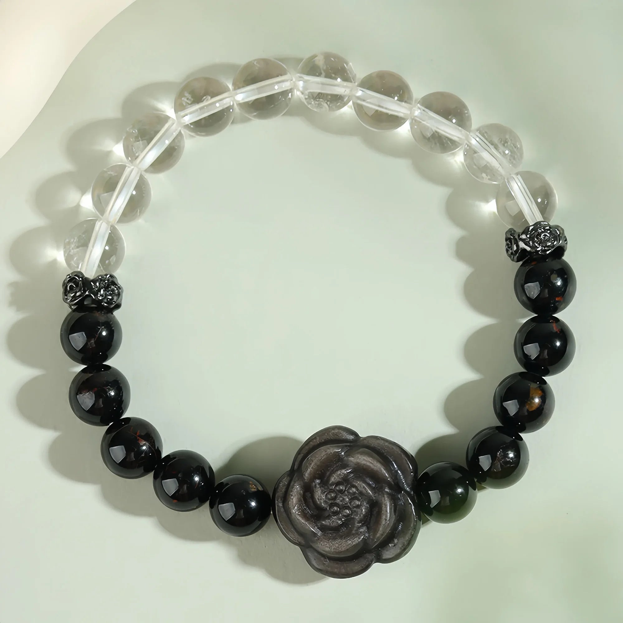 Black Tourmaline Clear Quartz Bracelet with Stone Rose