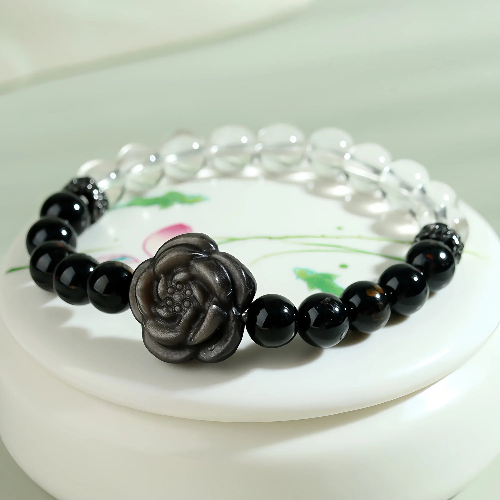 Black Tourmaline Clear Quartz Bracelet with Stone Rose