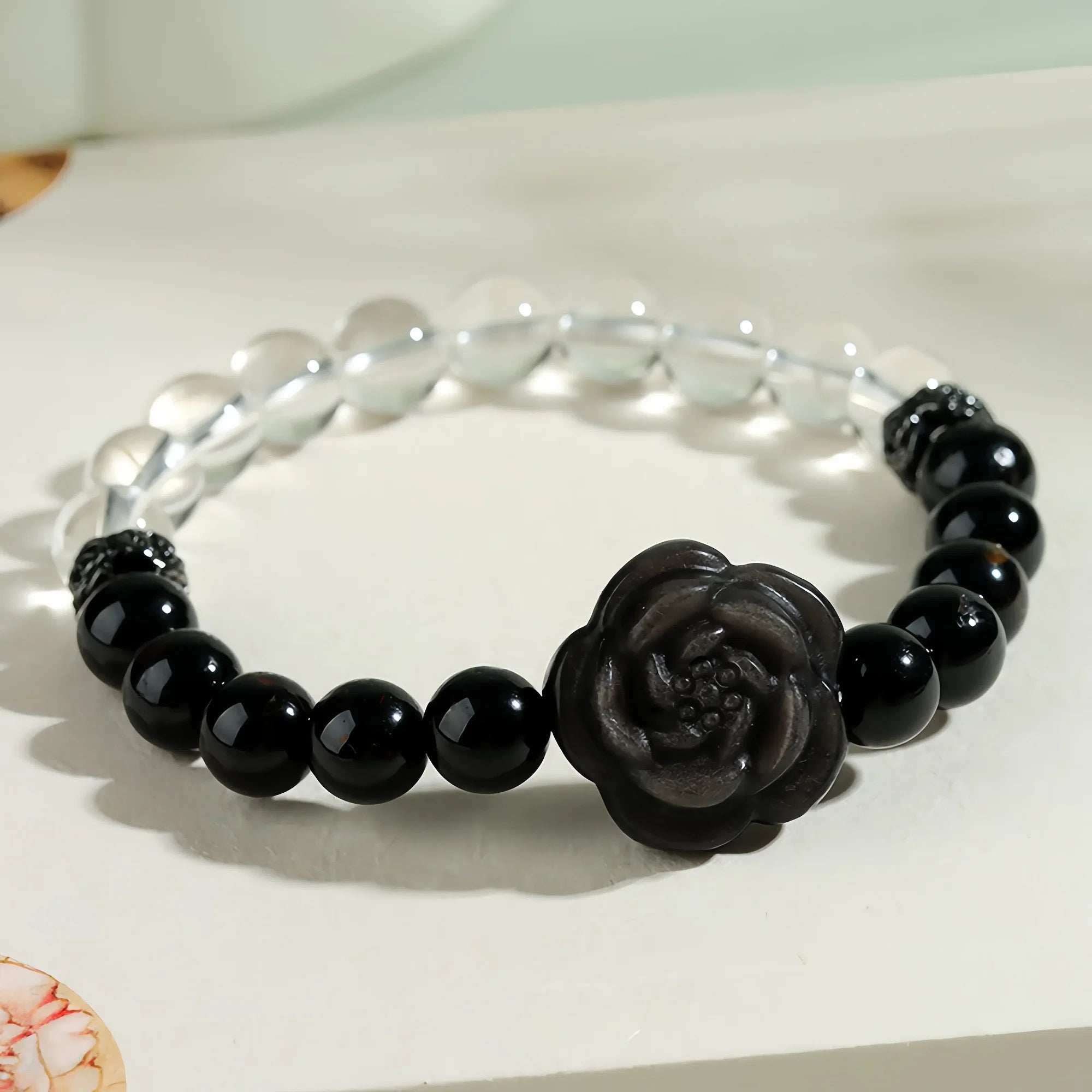 Black Tourmaline Clear Quartz Bracelet with Stone Rose