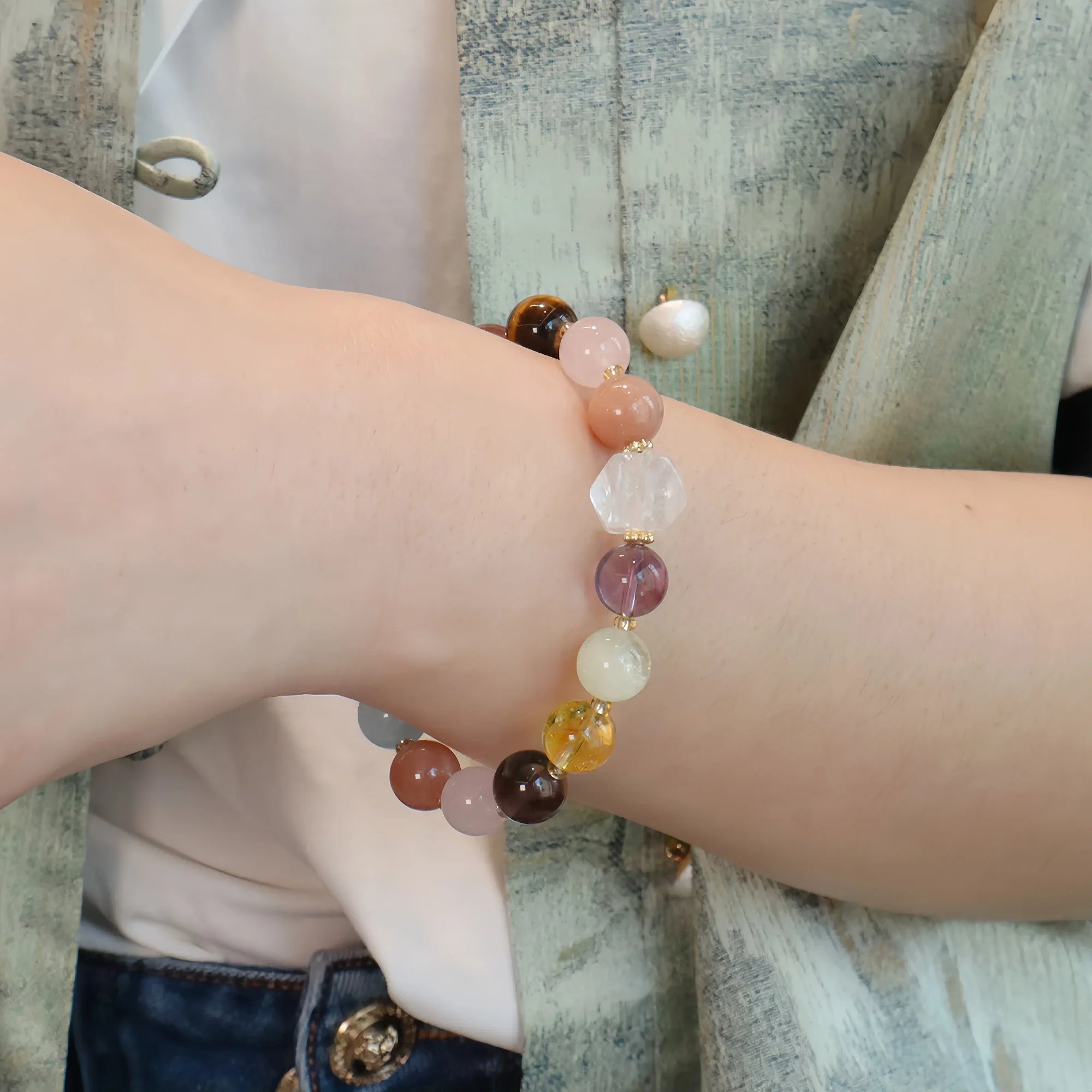 Floral Abundance Multigem Rose Quartz & Tiger's Eye Bracelet