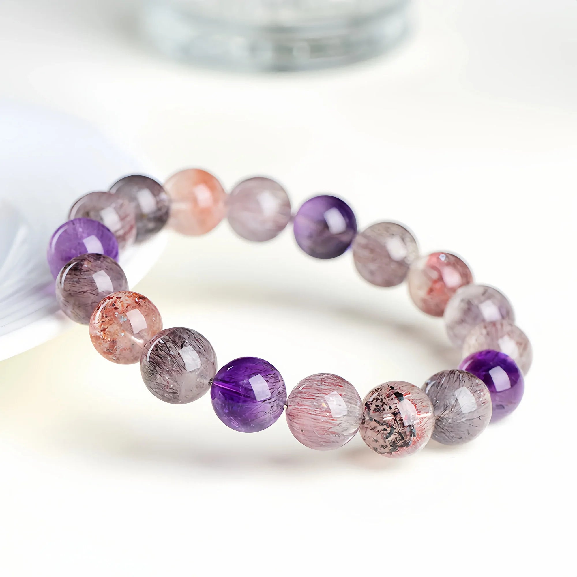 Natural Super Seven Crystal Round Bead Bracelet