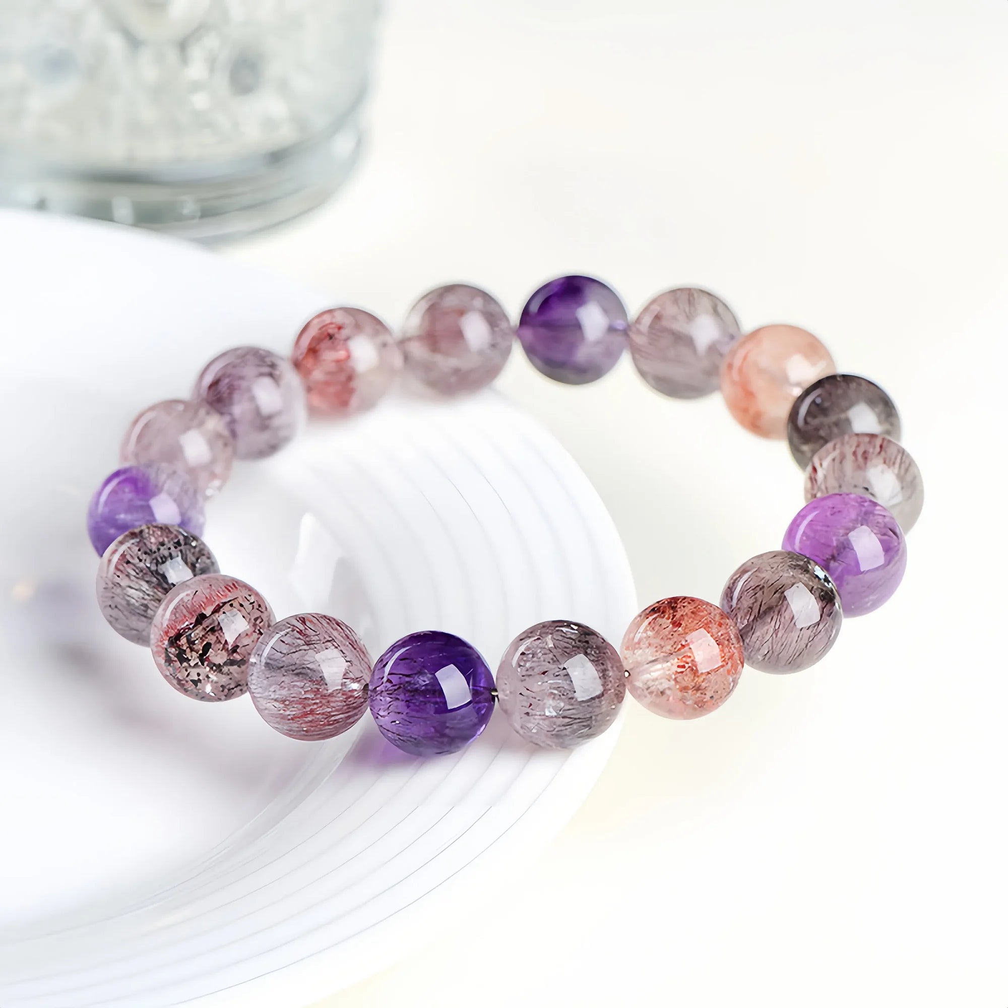Natural Super Seven Crystal Round Bead Bracelet