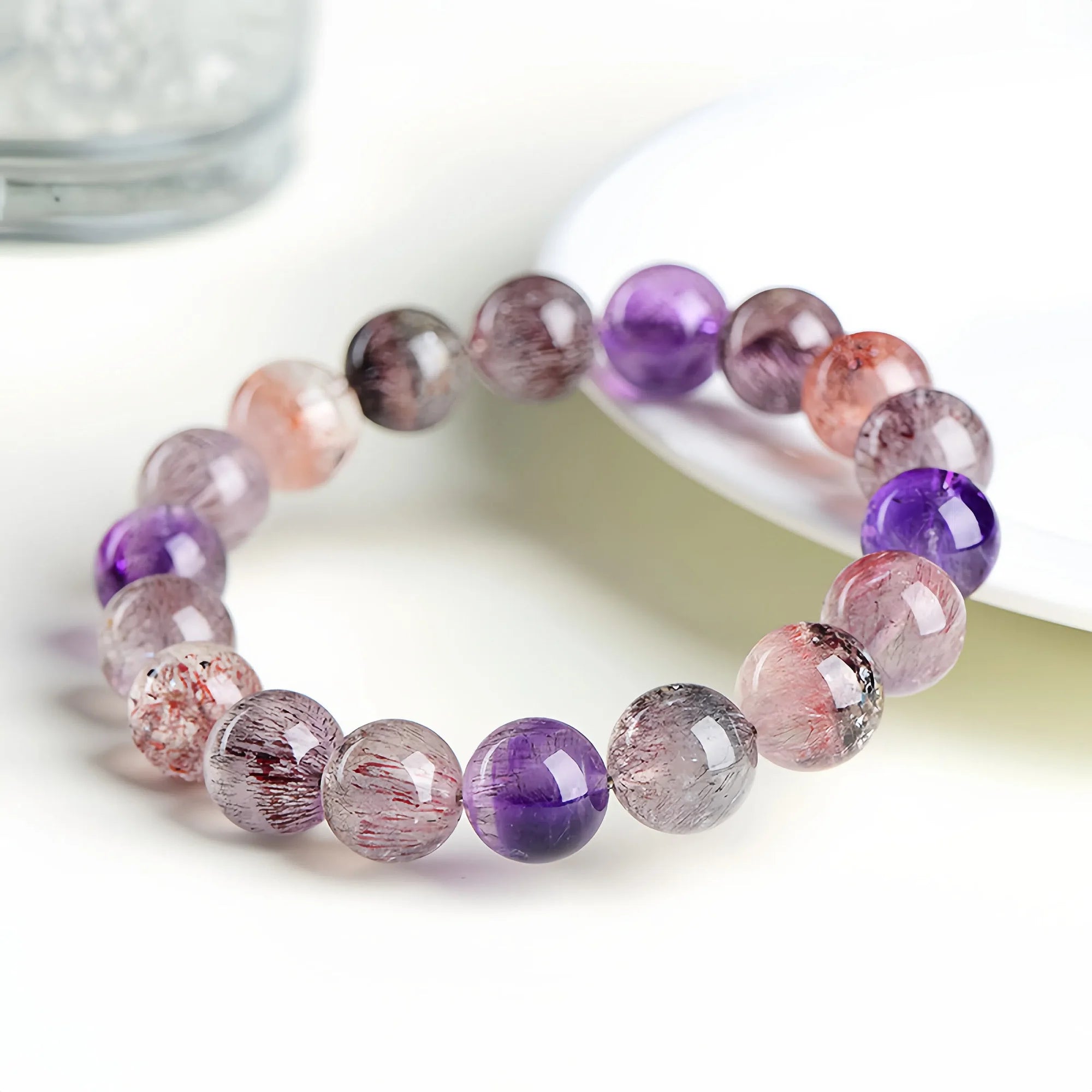 Natural Super Seven Crystal Round Bead Bracelet