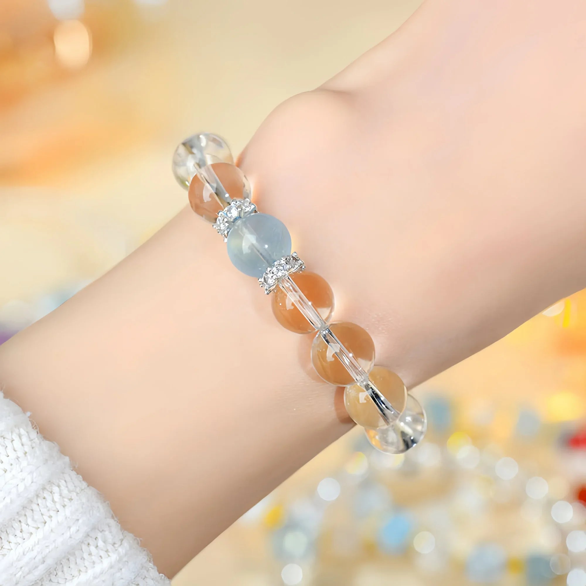 Natural White Crystal Aquamarine Single Circle Bracelet