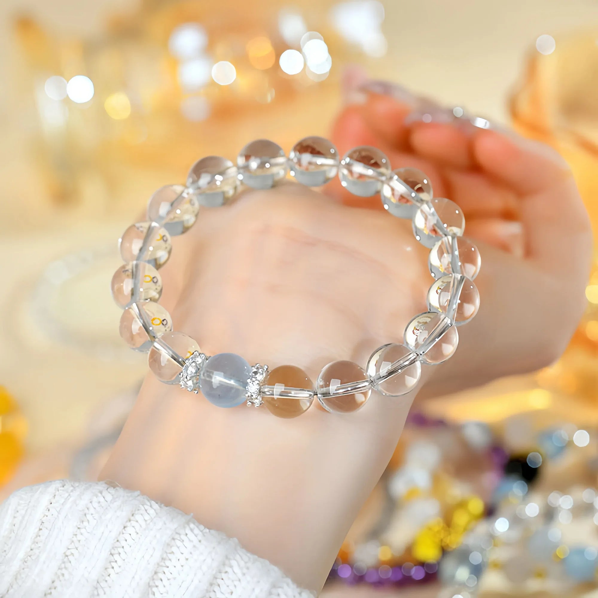 Natural White Crystal Aquamarine Single Circle Bracelet