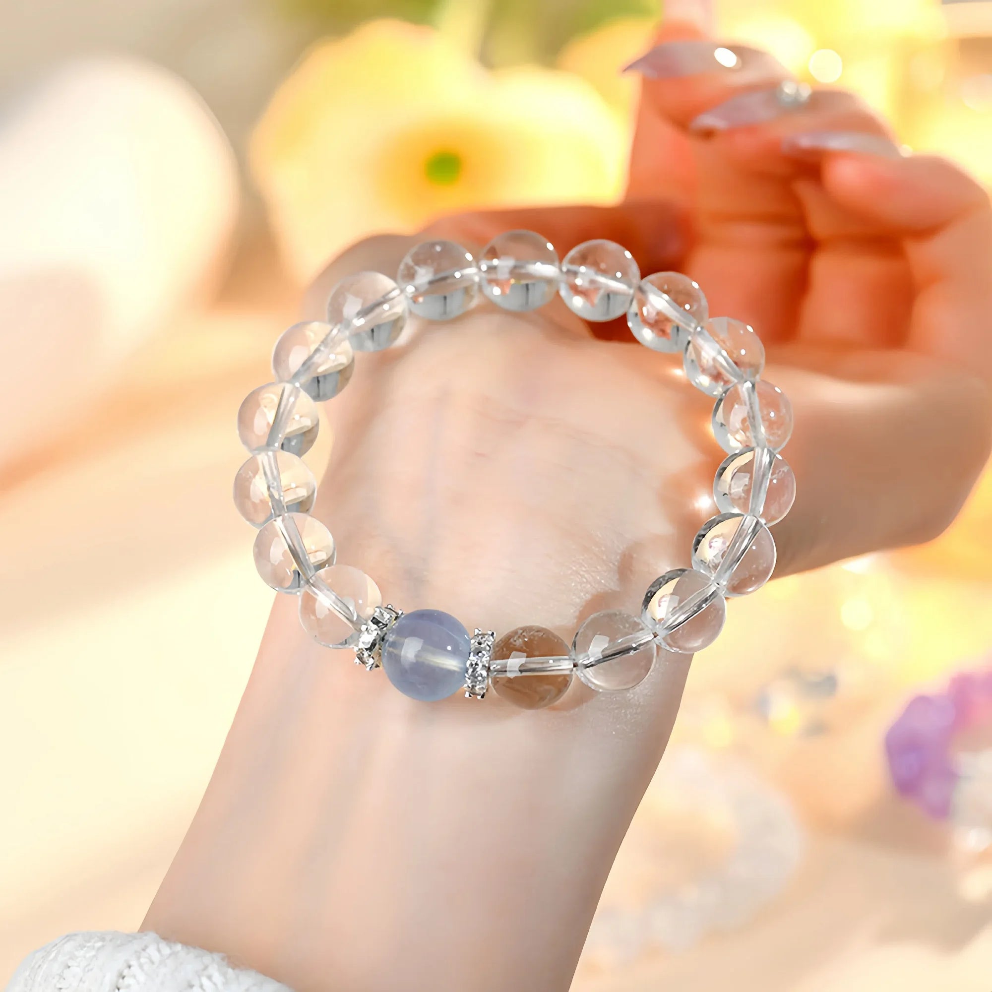 Natural White Crystal Aquamarine Single Circle Bracelet