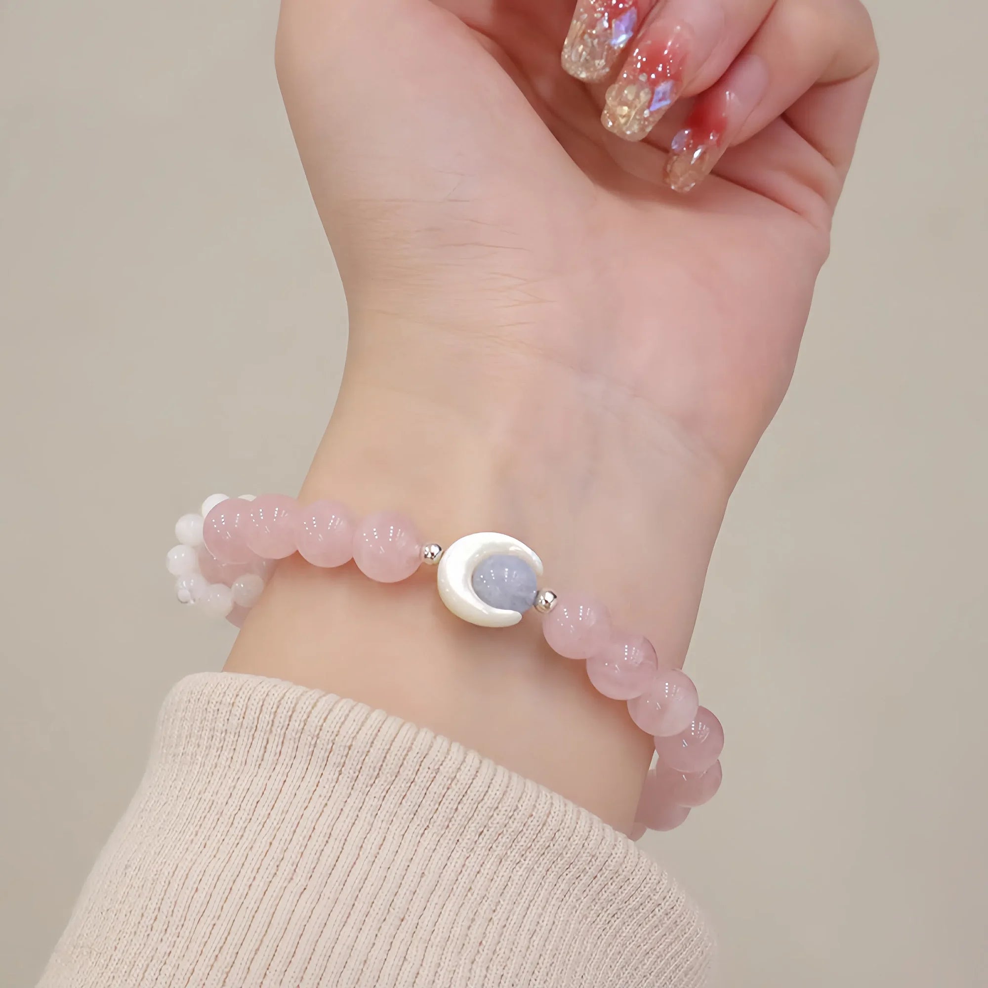 Rose Quartz, Moonstone & Aquamarine Moon Ocean Crystal Bracele