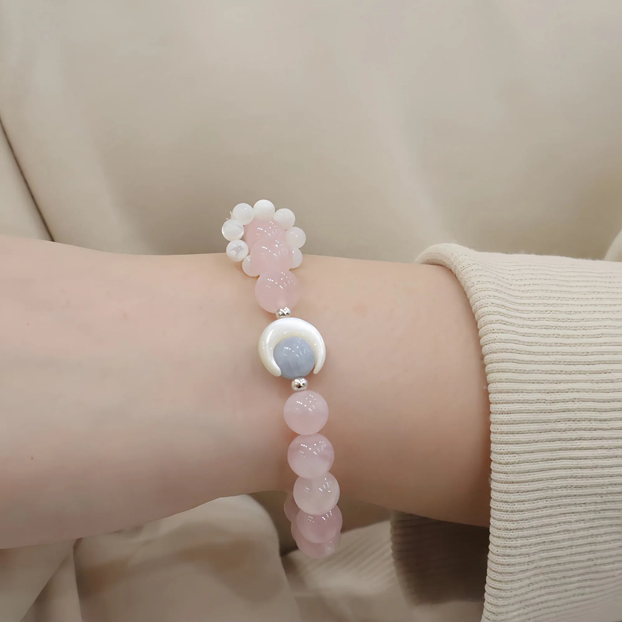 Rose Quartz, Moonstone & Aquamarine Moon Ocean Crystal Bracele