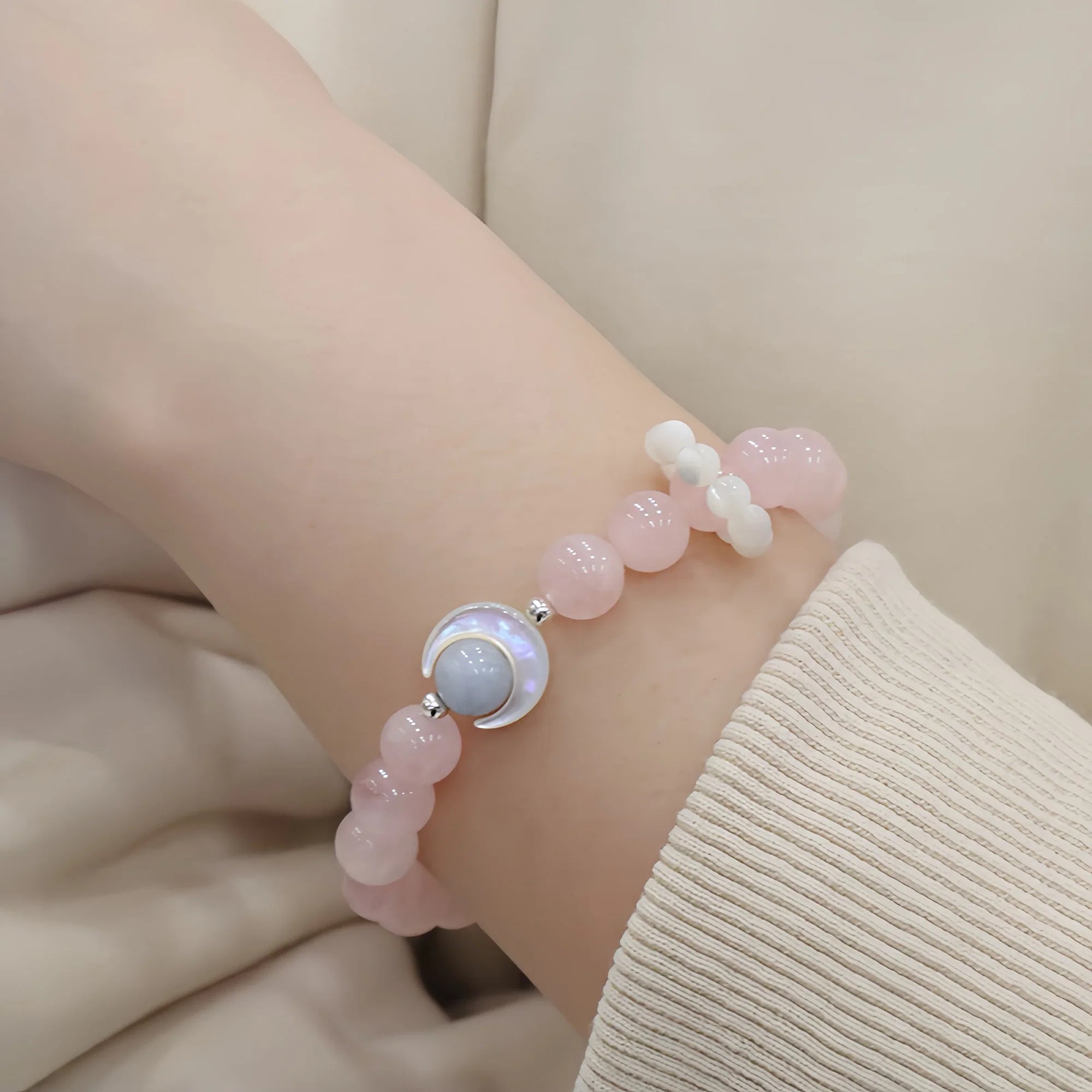 Rose Quartz, Moonstone & Aquamarine Moon Ocean Crystal Bracele