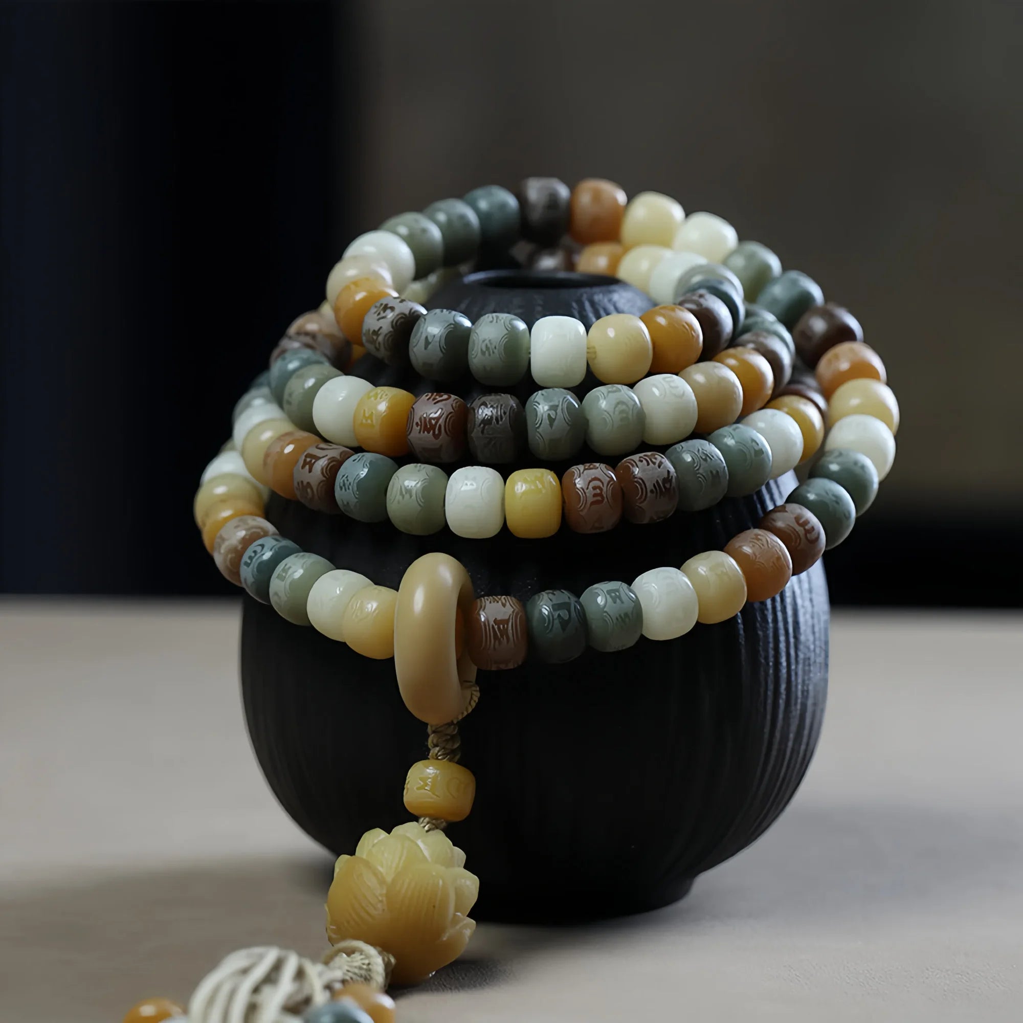 Sacred 108-Bead Bodhi Seed Mala with Lotus Pendant