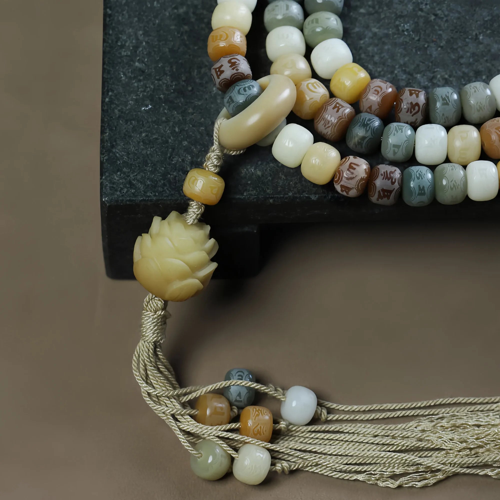 Sacred 108-Bead Bodhi Seed Mala with Lotus Pendant