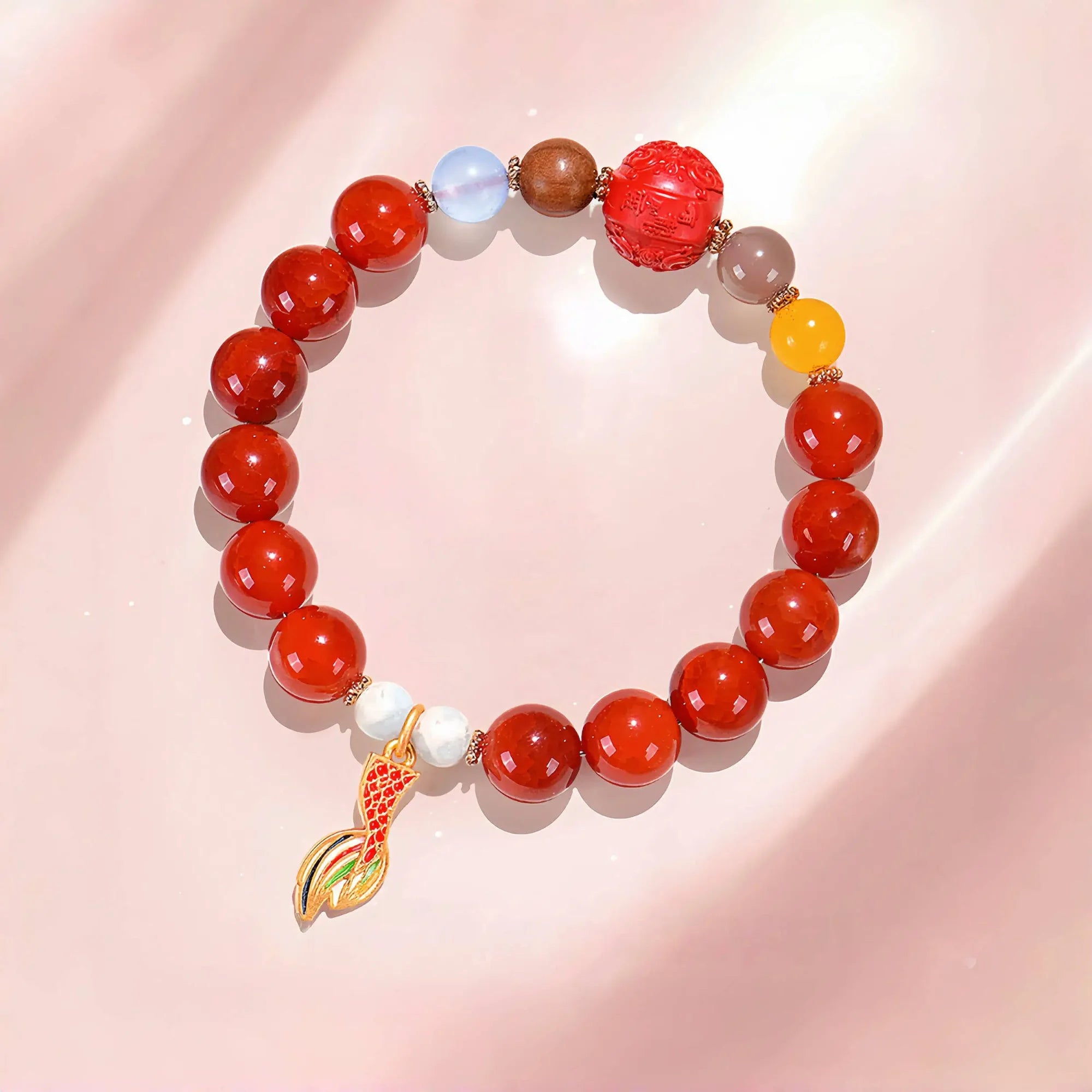 Sacred Cinnabar Abundance Bracelet with Golden Koi Charm