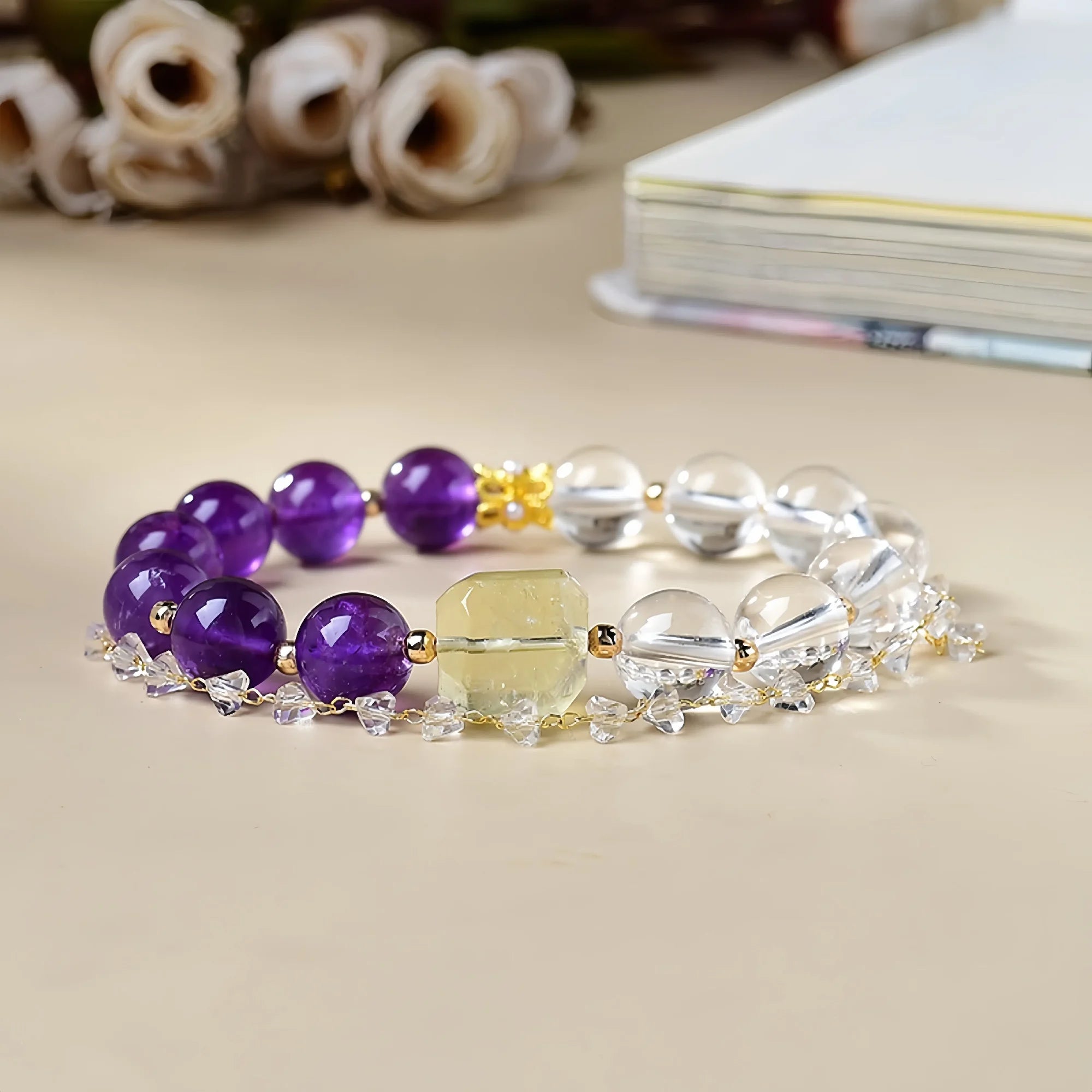 Tri-Light Amethyst Clear  Quartz & Citrine Crystal Bracelet