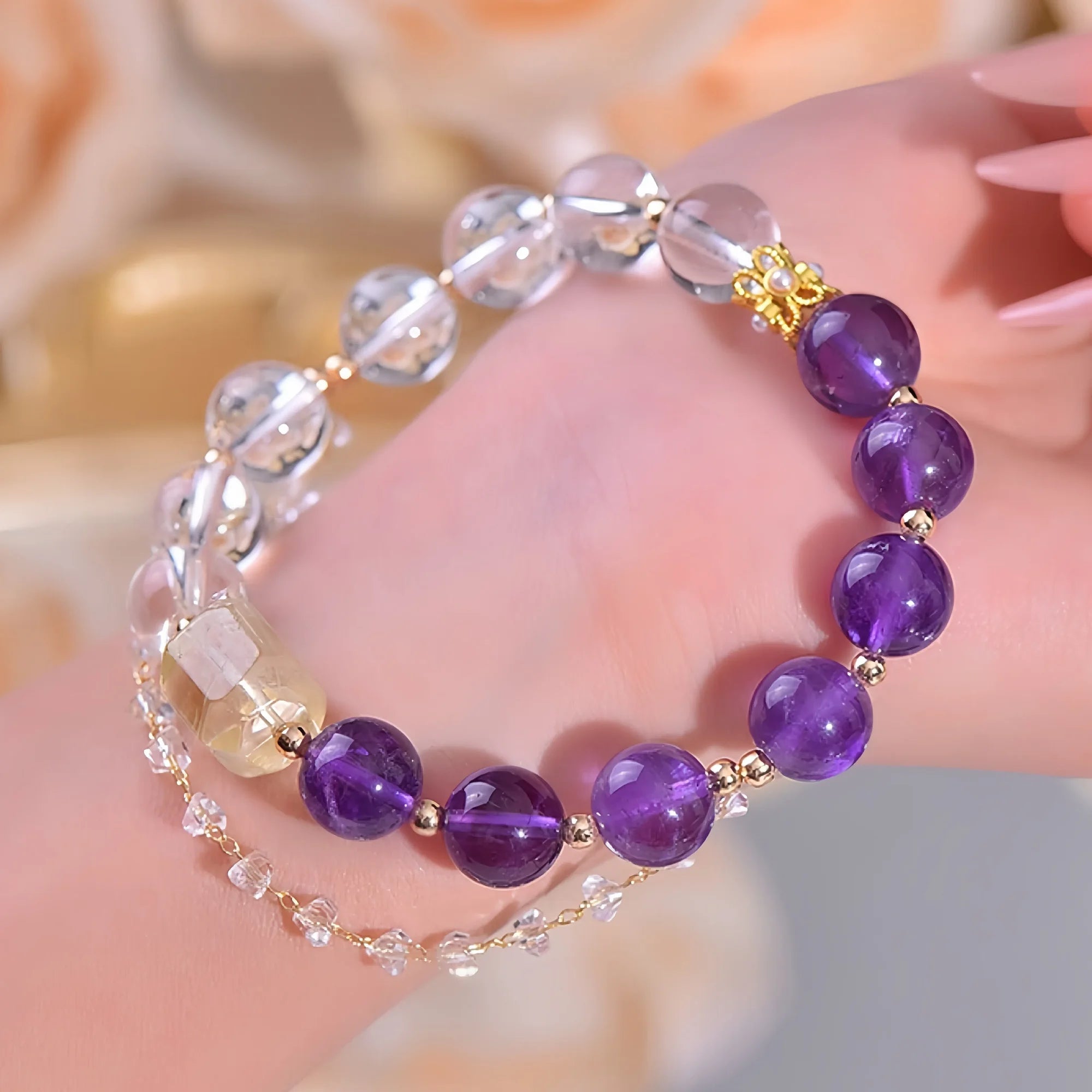 Tri-Light Amethyst Clear  Quartz & Citrine Crystal Bracelet