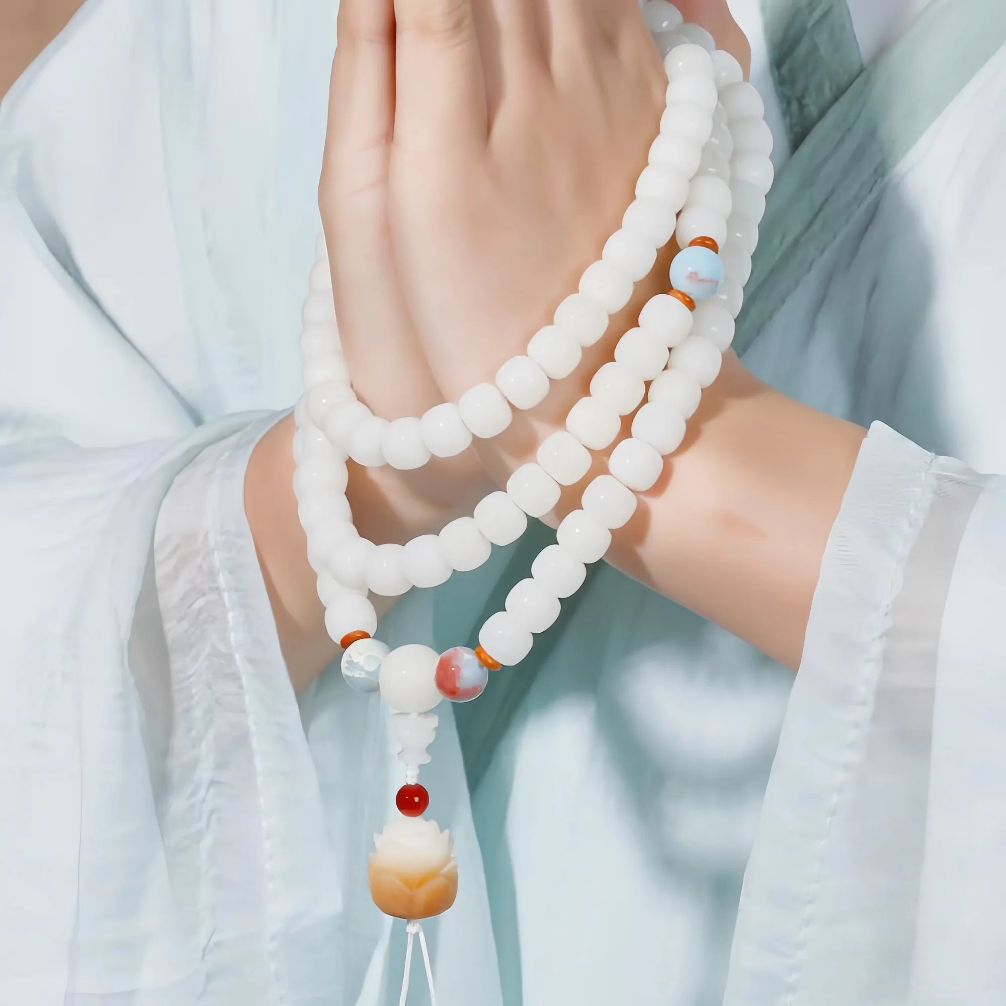 White Bodhi Seed Mala with Lotus Charm