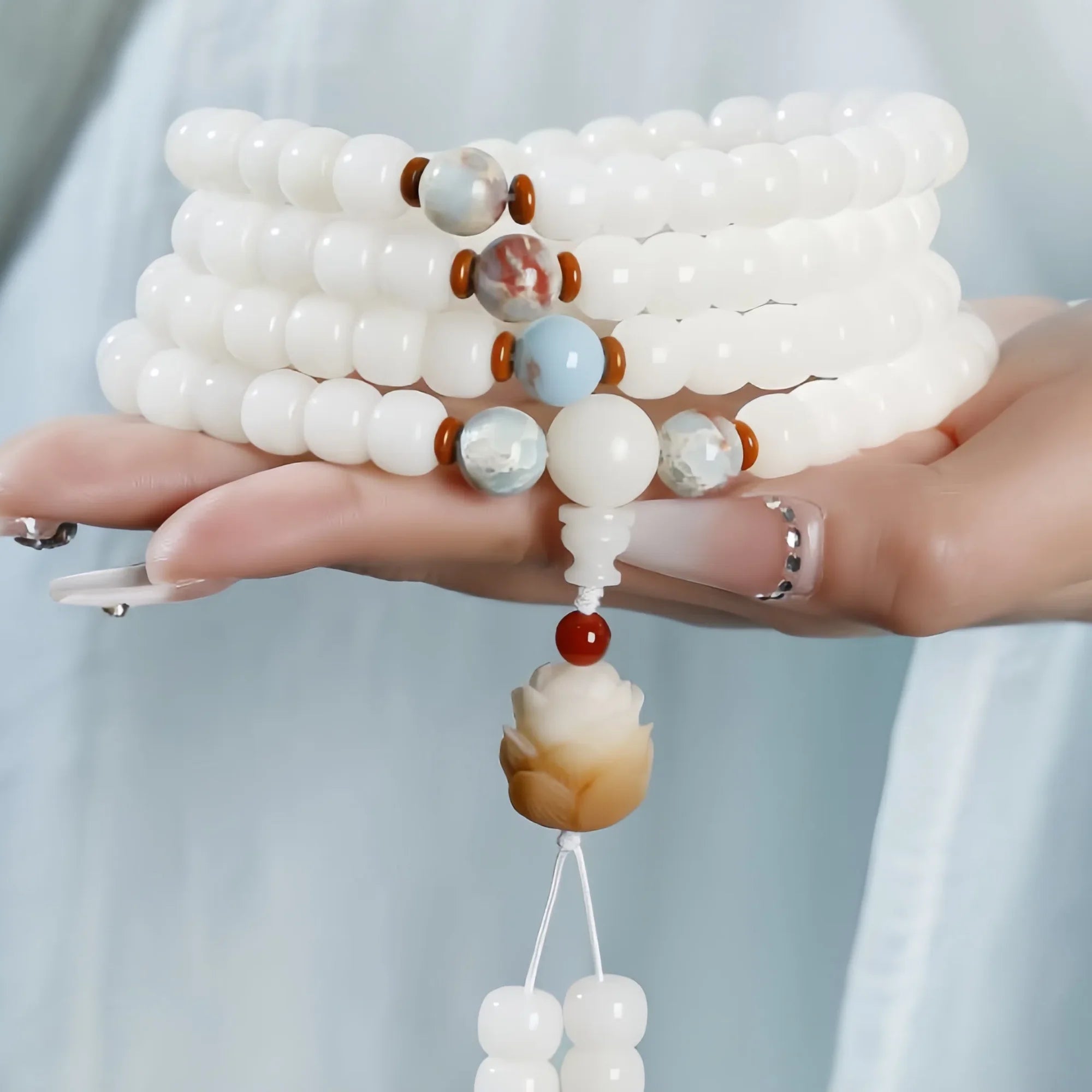 White Bodhi Seed Mala with Lotus Charm