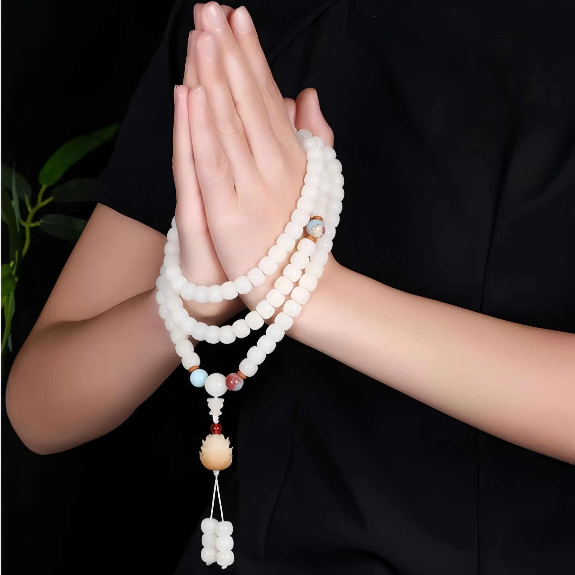White Bodhi Seed Mala with Lotus Charm