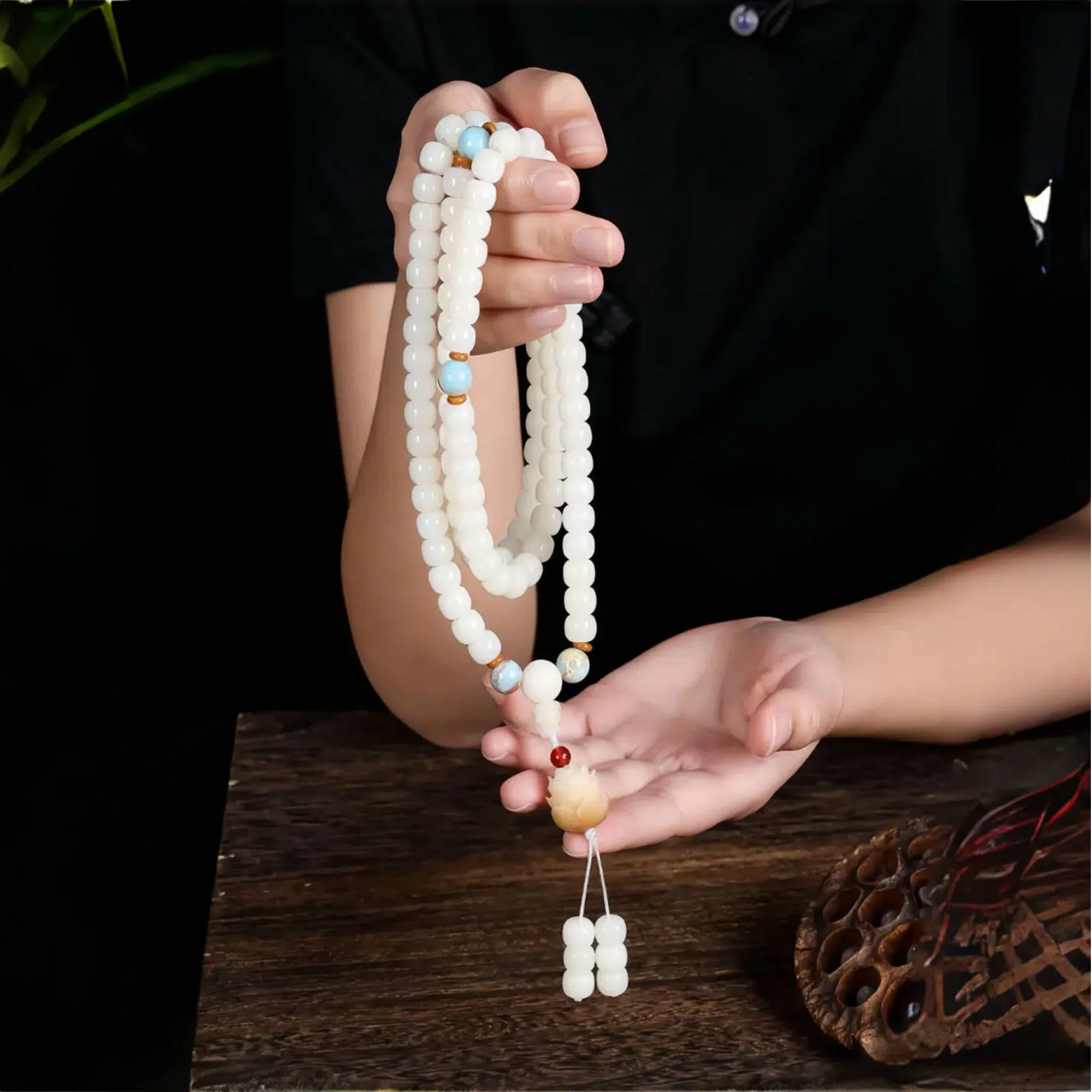 White Bodhi Seed Mala with Lotus Charm
