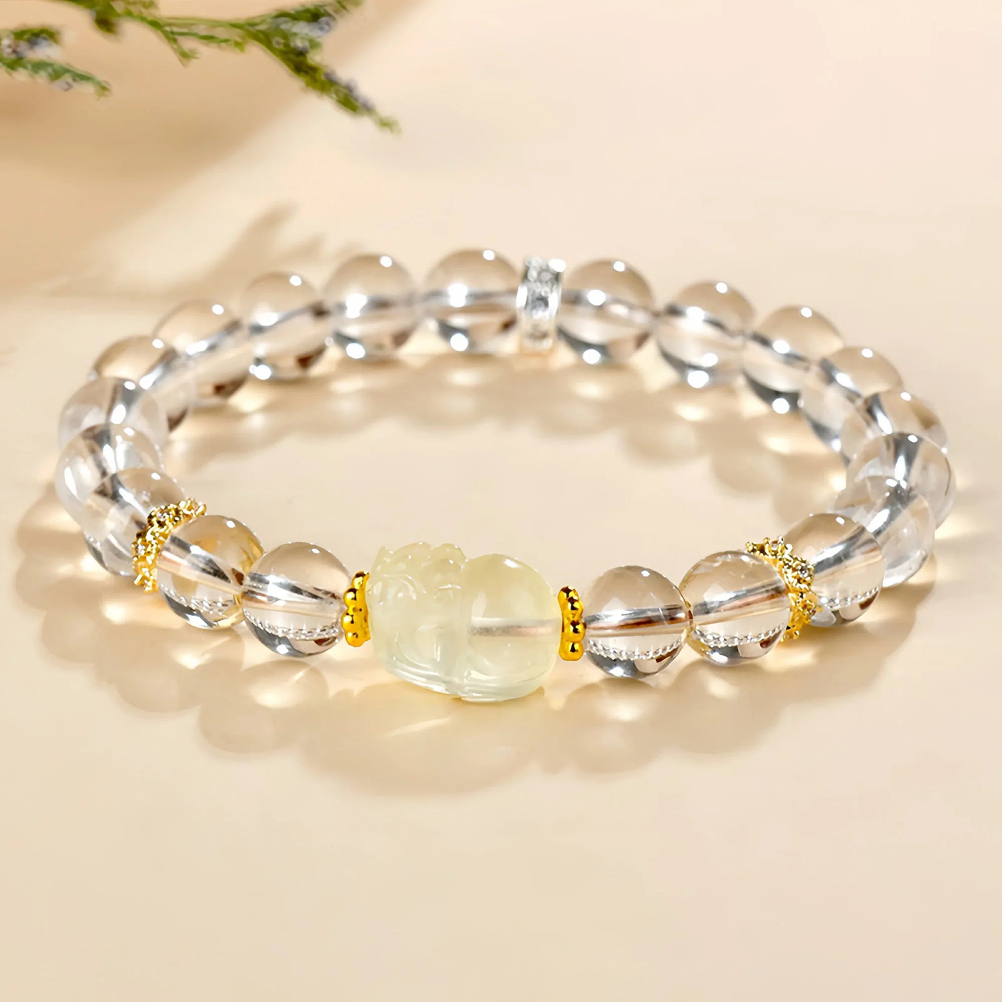 White Crystal Stretch Bracelet with Yellow Citrine Pixiu Charm