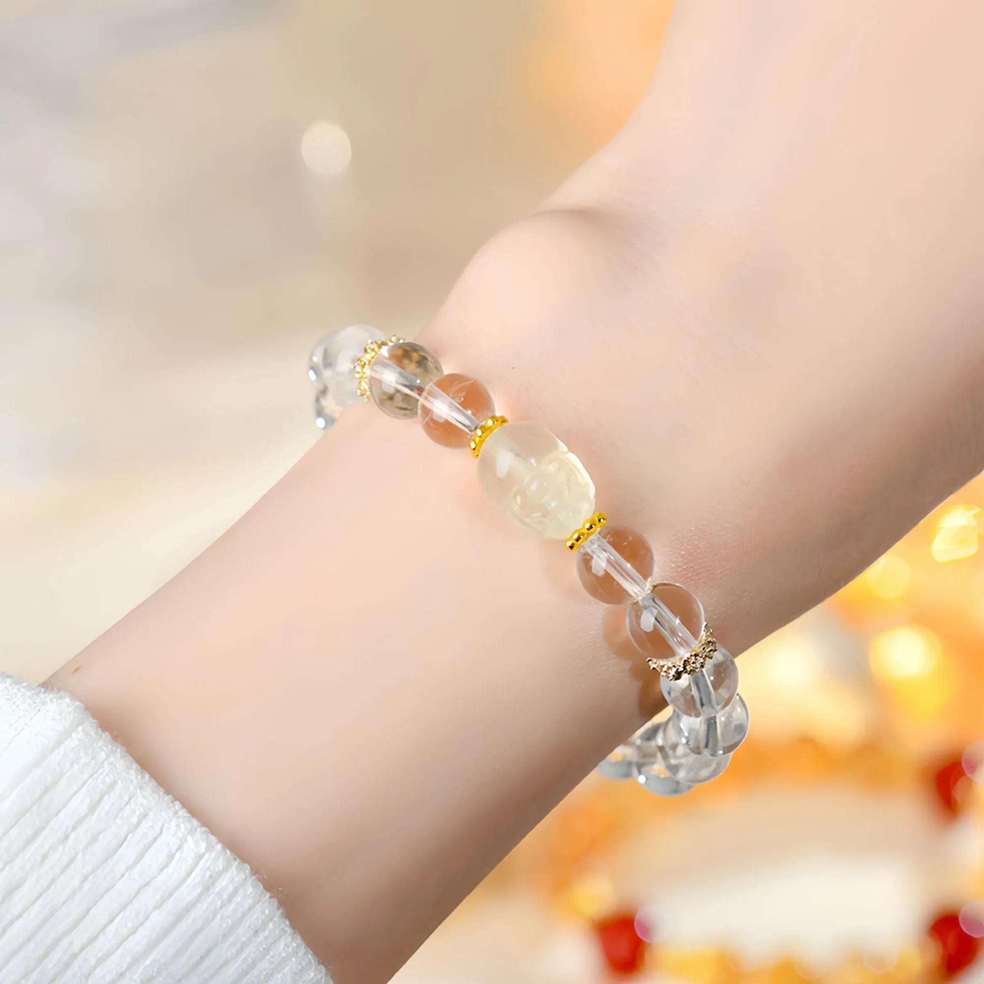 White Crystal Stretch Bracelet with Yellow Citrine Pixiu Charm
