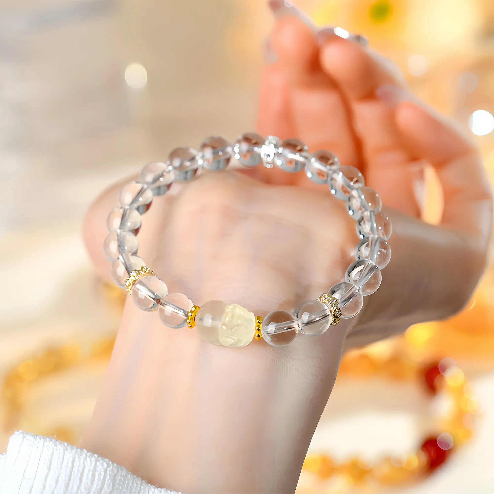 White Crystal Stretch Bracelet with Yellow Citrine Pixiu Charm