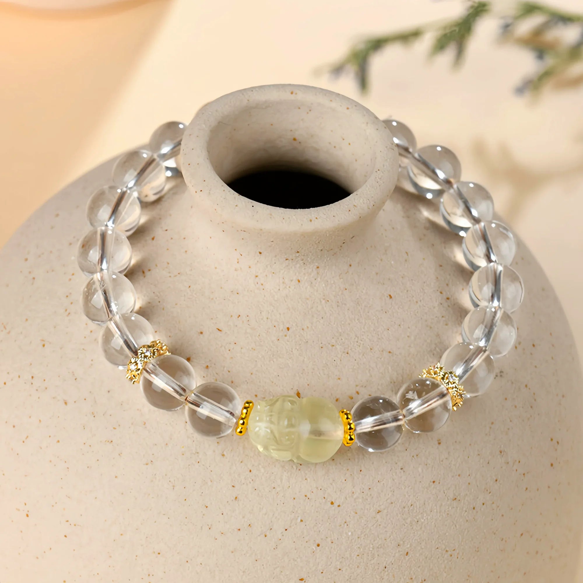 White Crystal Stretch Bracelet with Yellow Citrine Pixiu Charm