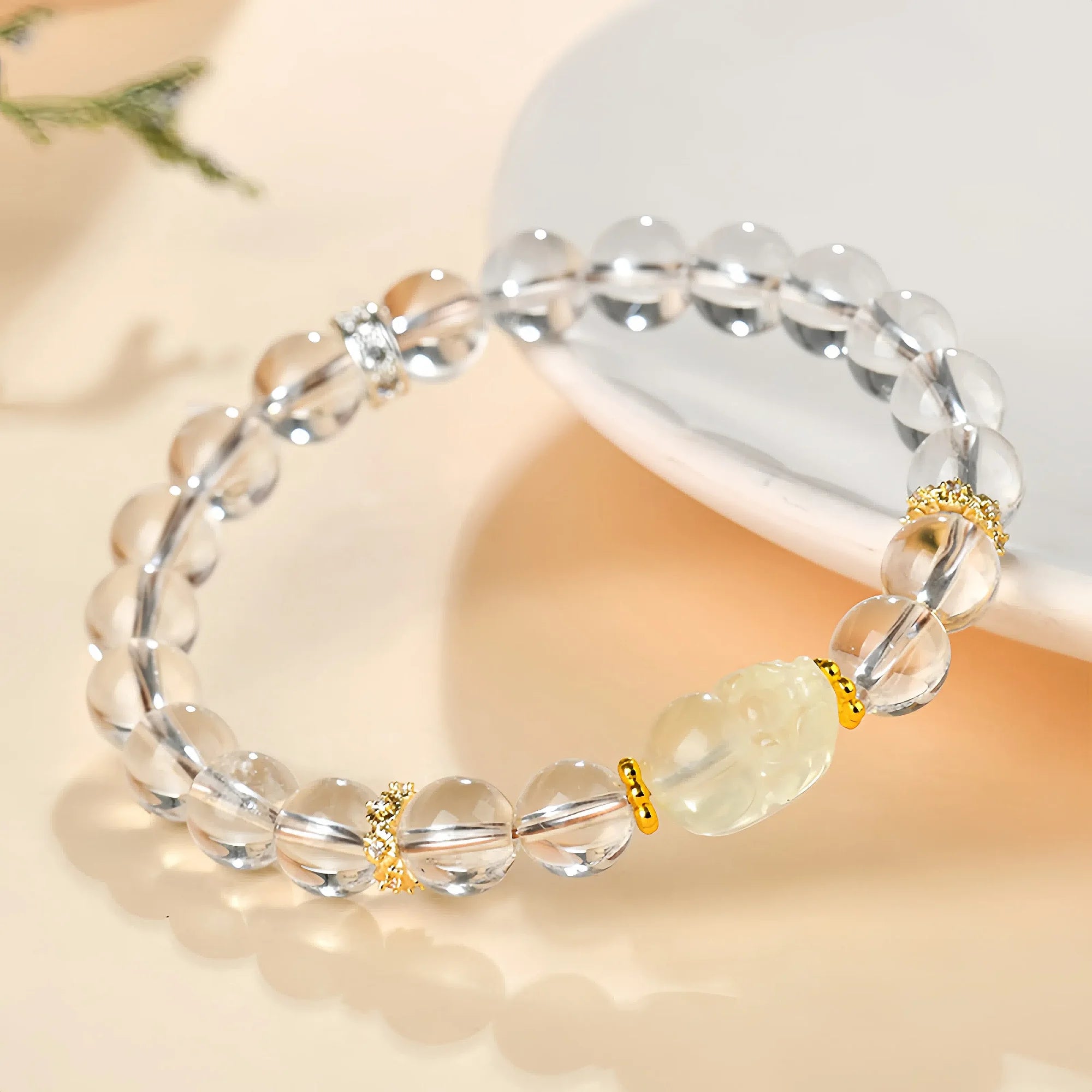 White Crystal Stretch Bracelet with Yellow Citrine Pixiu Charm