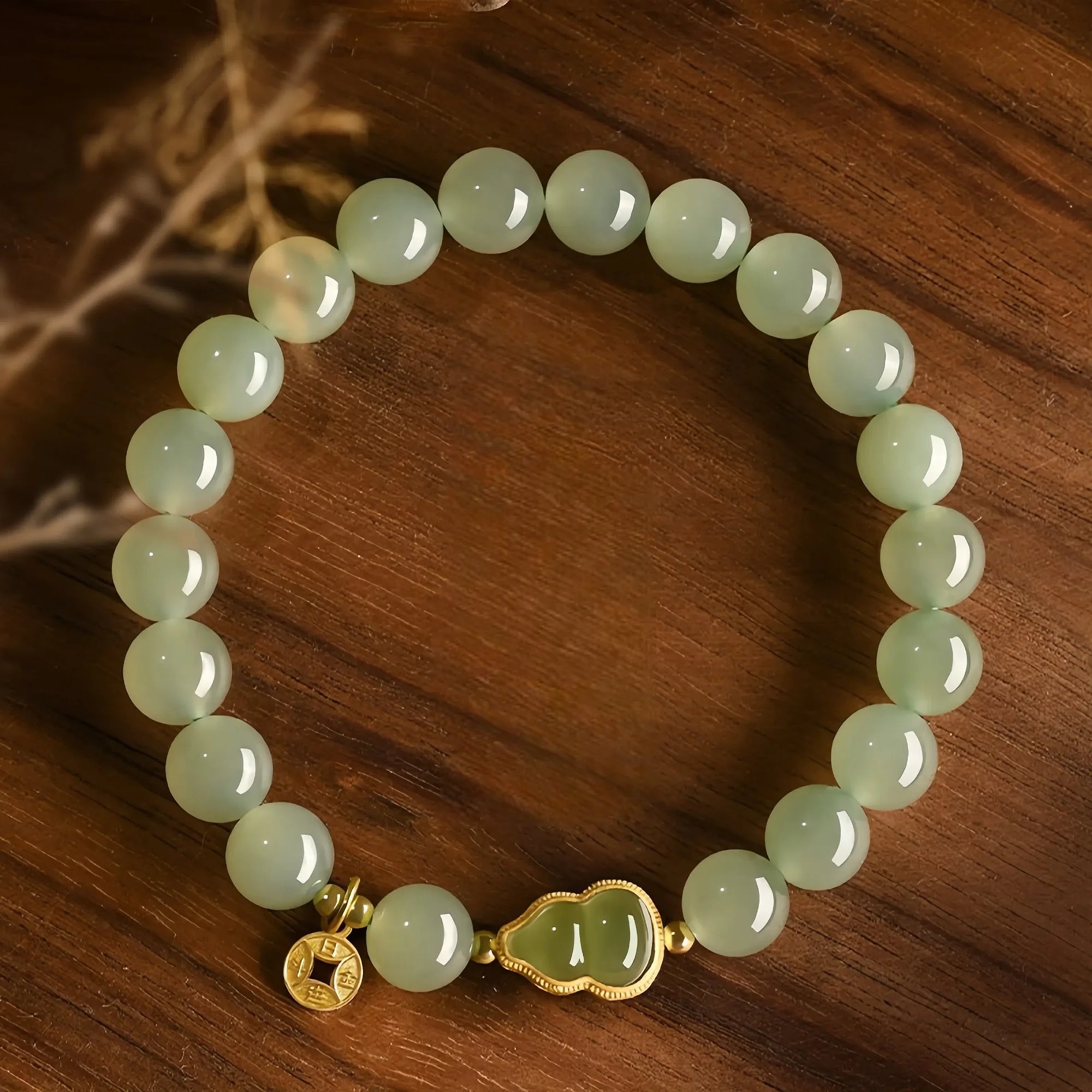 8mm Hetian Jade Gourd & Coin Bracelet