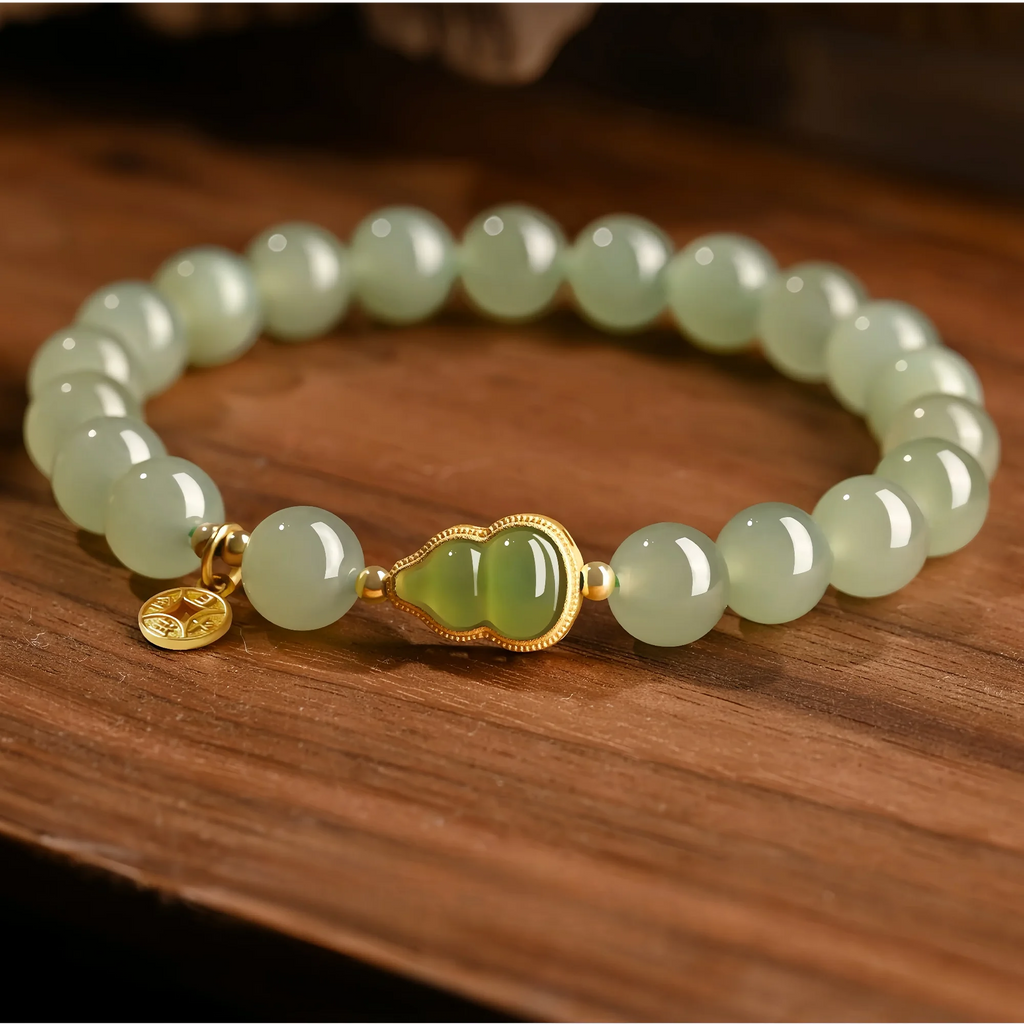 8mm Hetian Jade Gourd & Coin Bracelet
