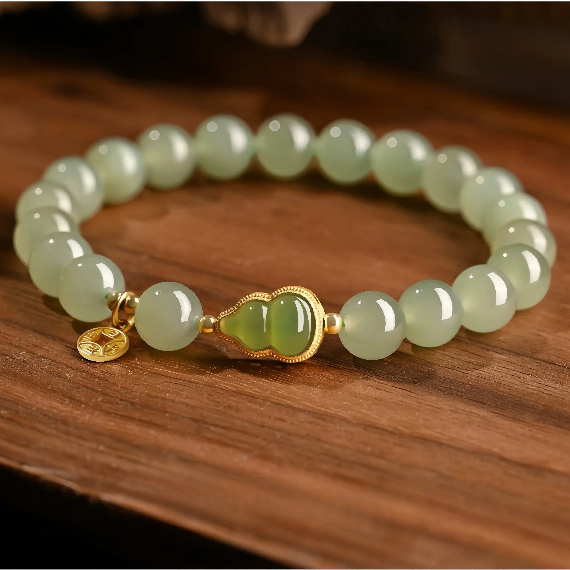 8mm Hetian Jade Gourd & Coin Bracelet