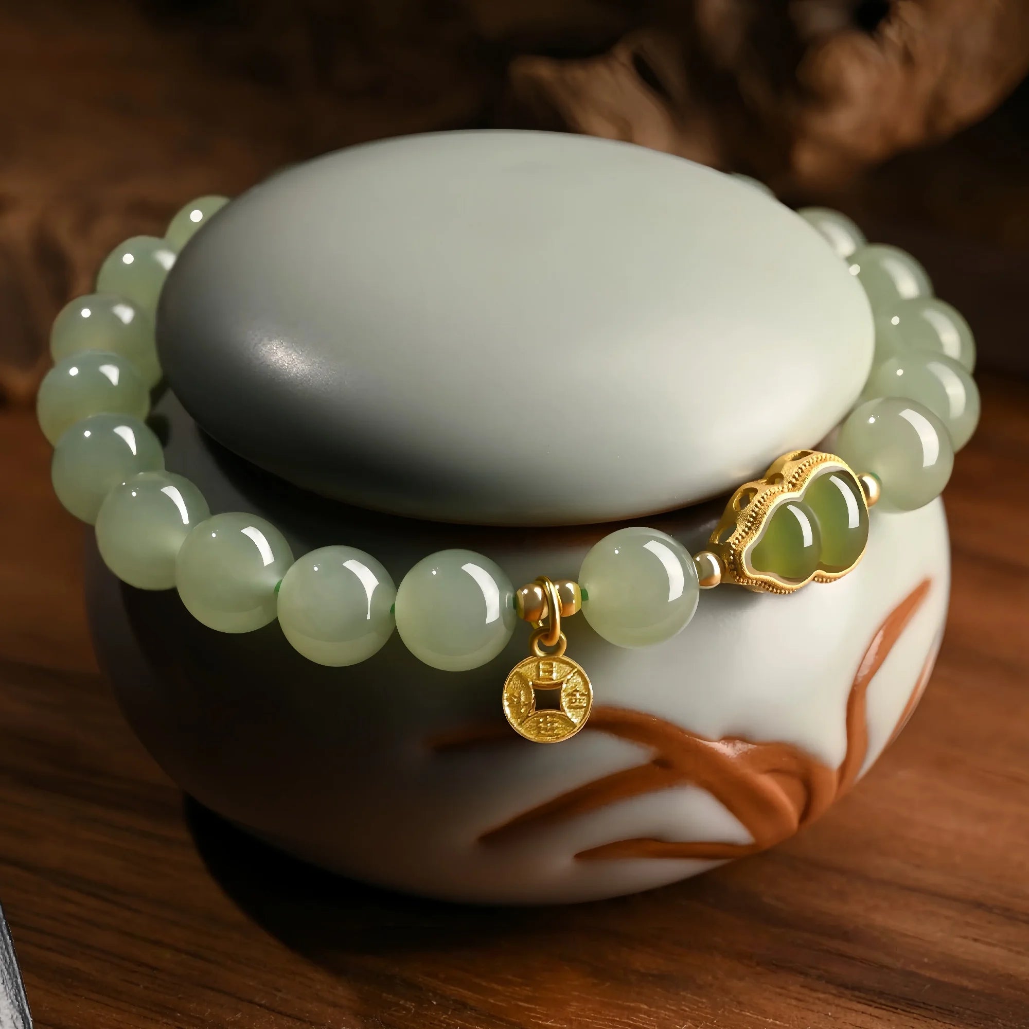 8mm Hetian Jade Gourd & Coin Bracelet