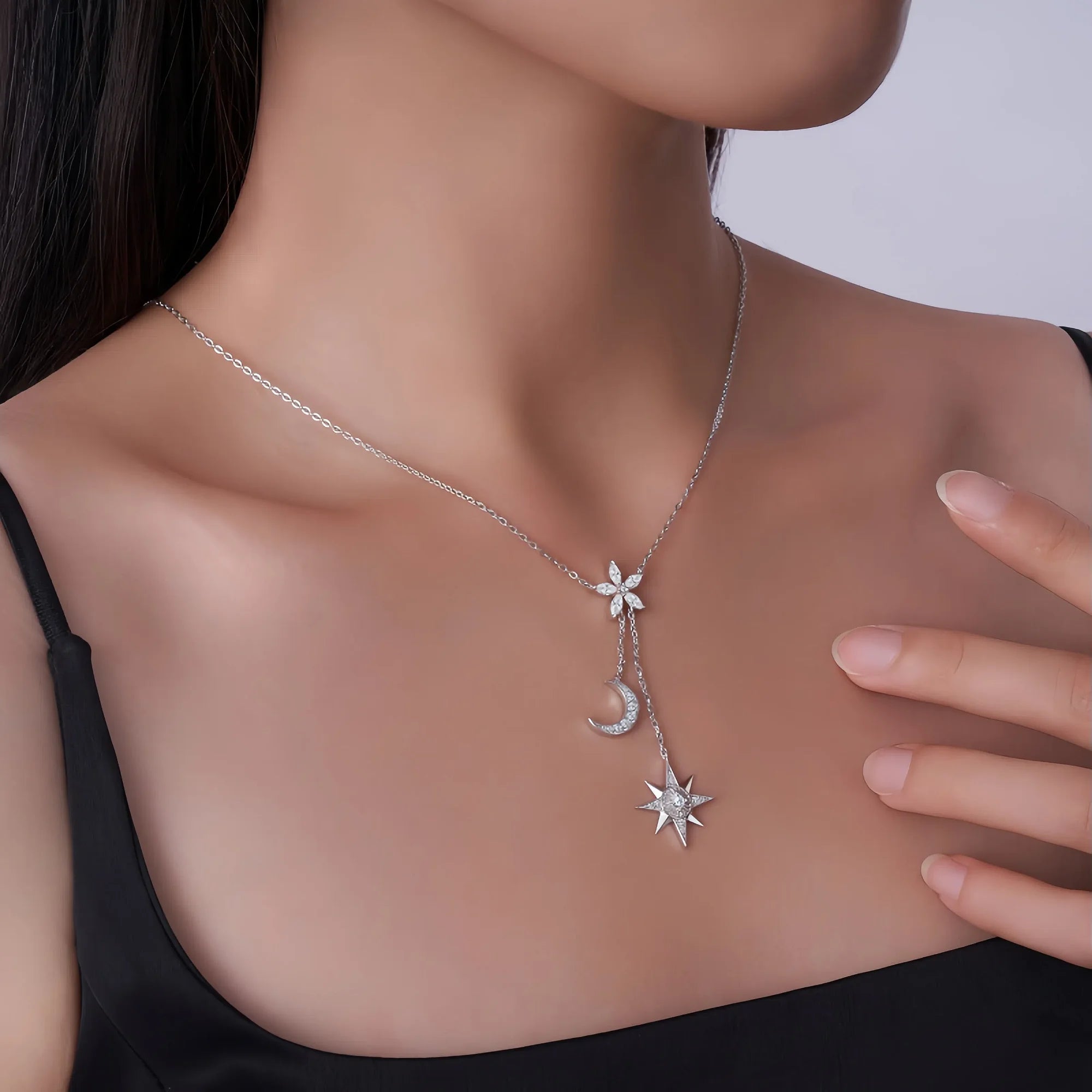 Celestial Flow Star & Moon Moissanite Necklace