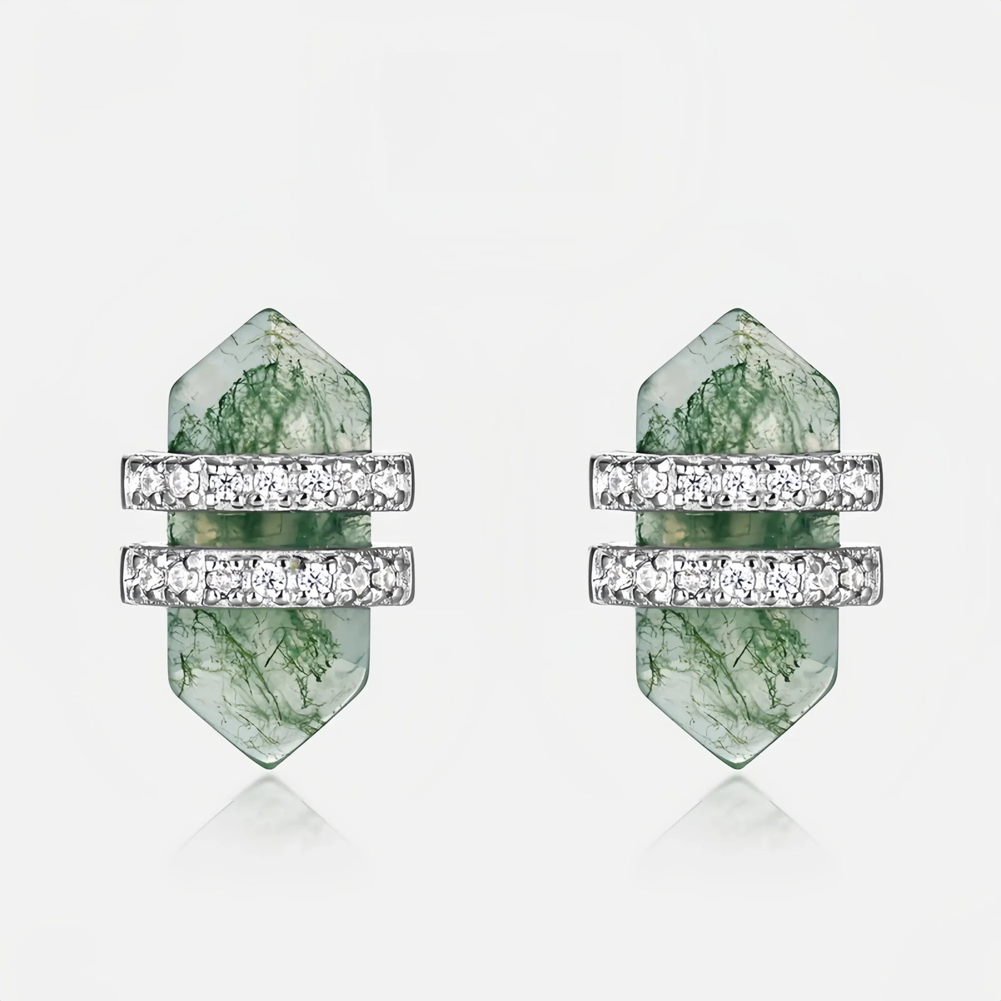 Columnar Moss Agate Diamond Halo Earrings
