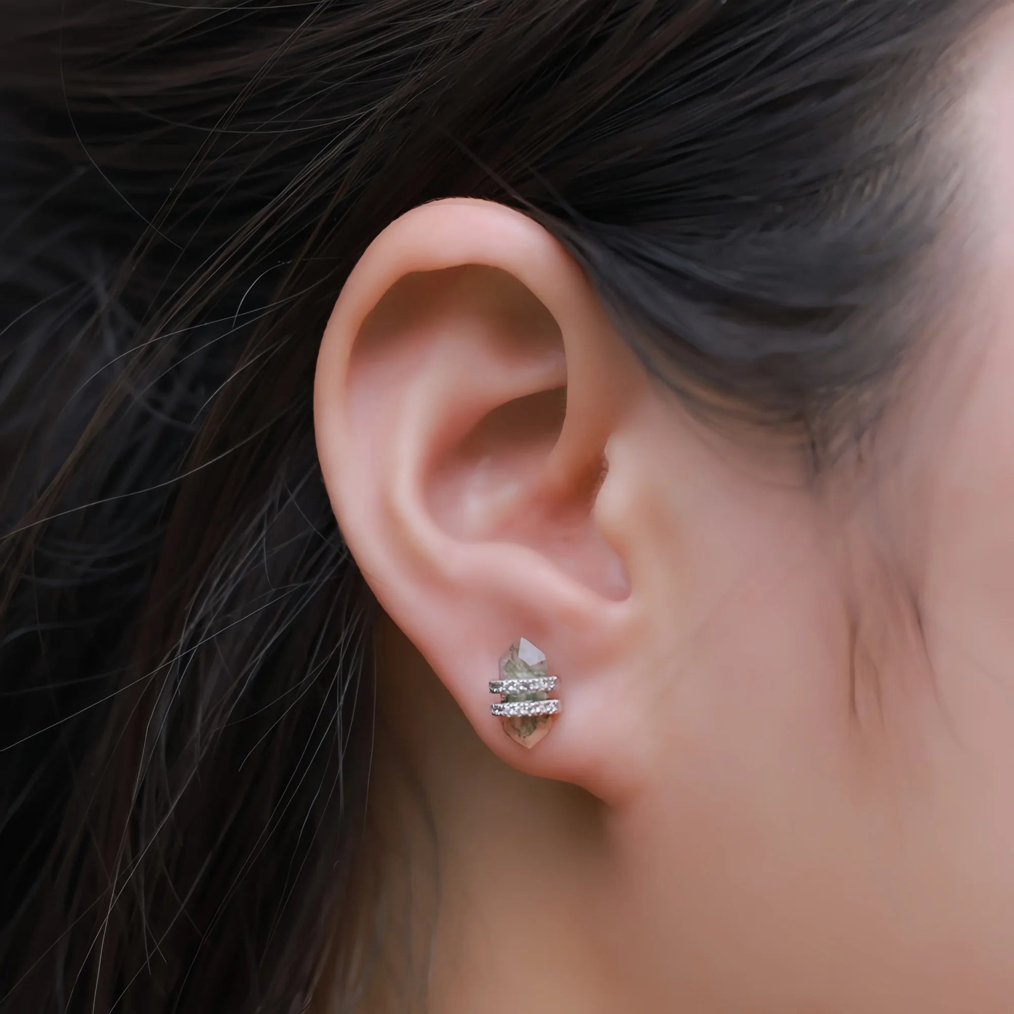 Columnar Moss Agate Diamond Halo Earrings