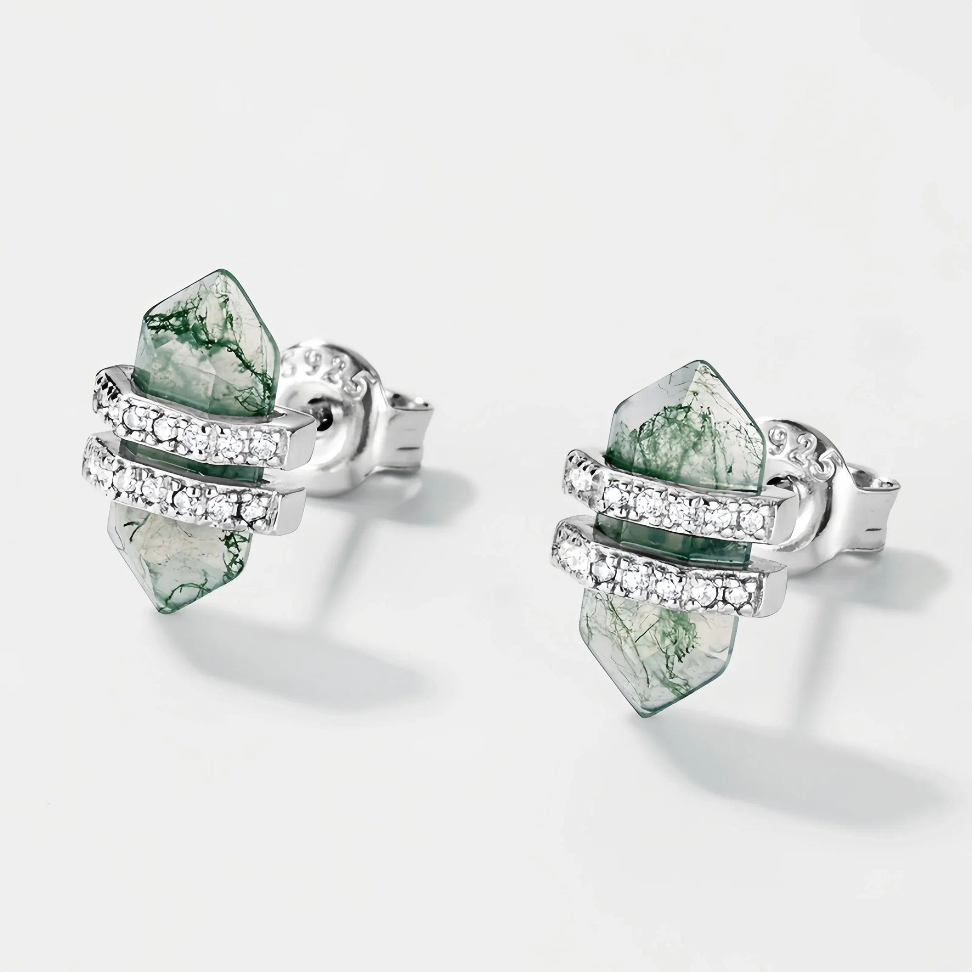 Columnar Moss Agate Diamond Halo Earrings