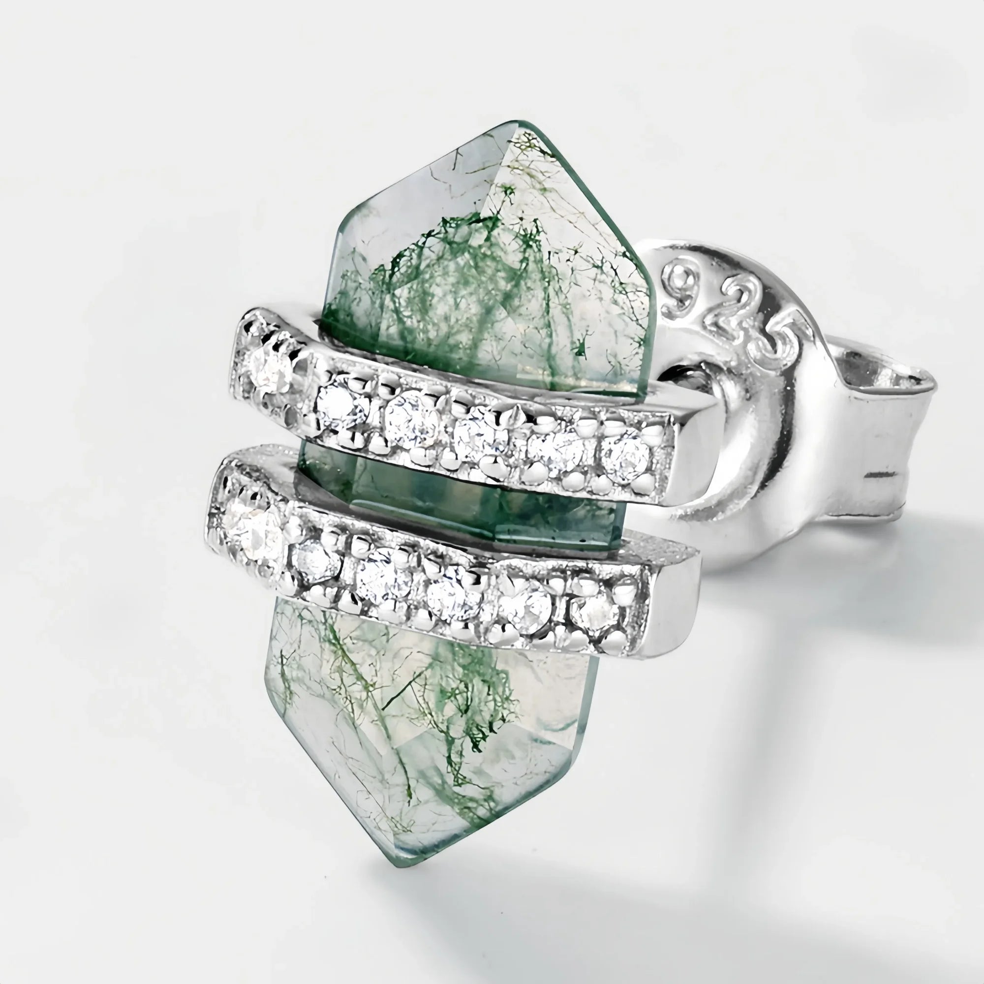 Columnar Moss Agate Diamond Halo Earrings