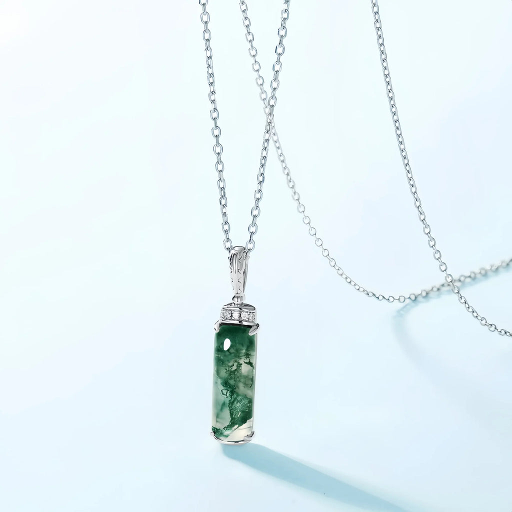 Cylinder Moss Agate Pendant Necklace