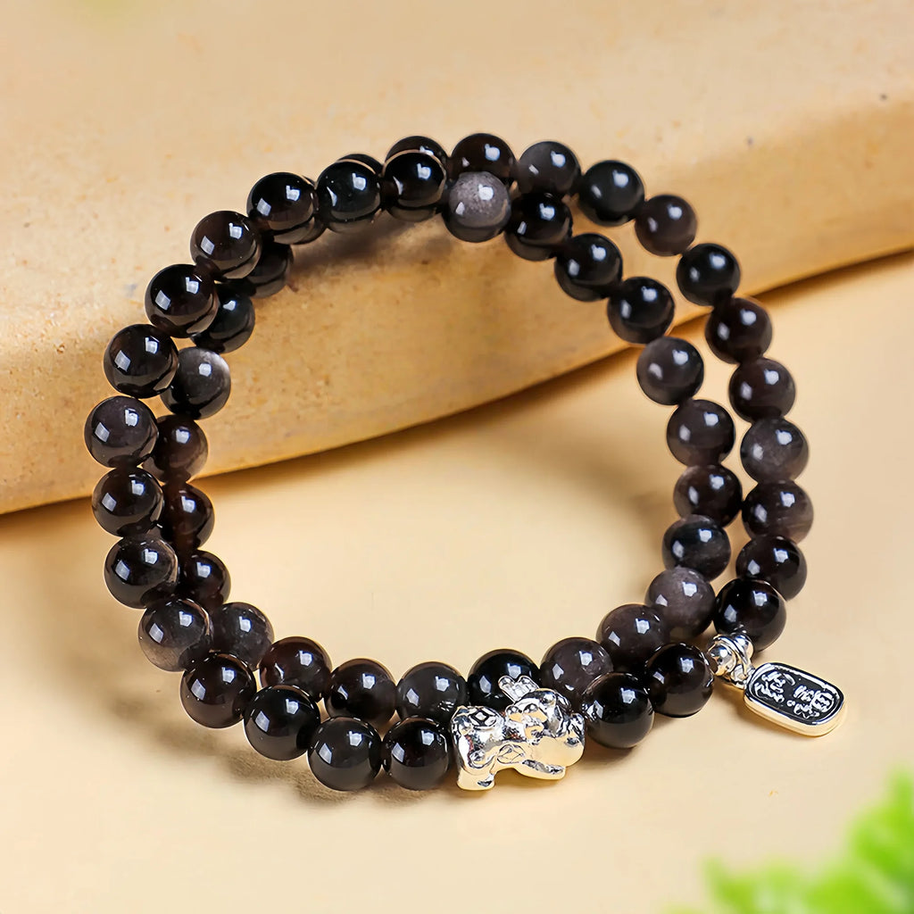 Double Layer Silver Sheen Obsidian Fortune Bracelet