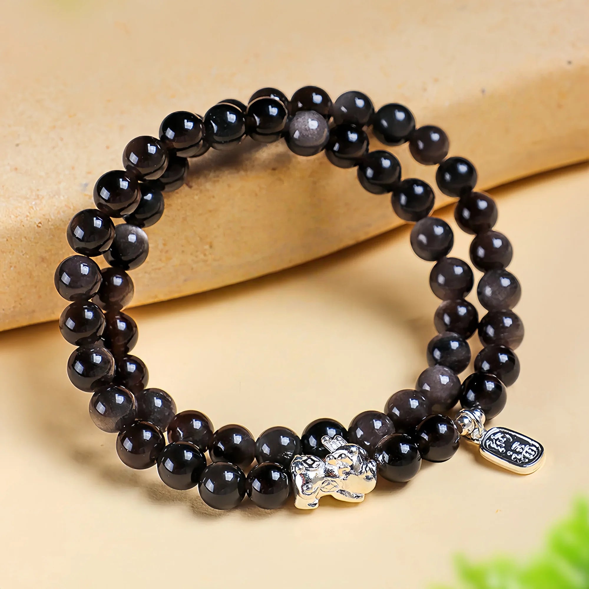 Double Layer Silver Sheen Obsidian Fortune Bracelet