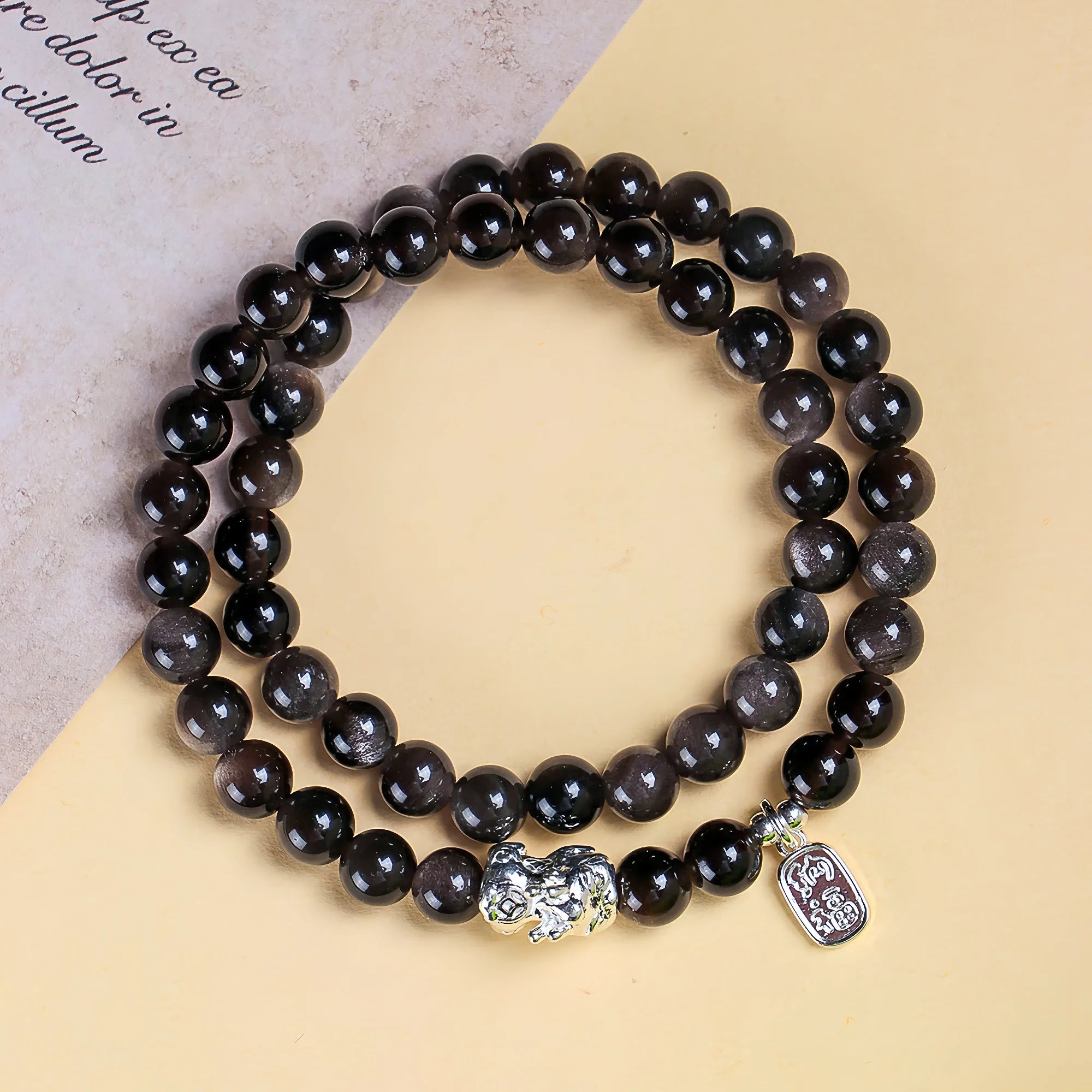 Double Layer Silver Sheen Obsidian Fortune Bracelet