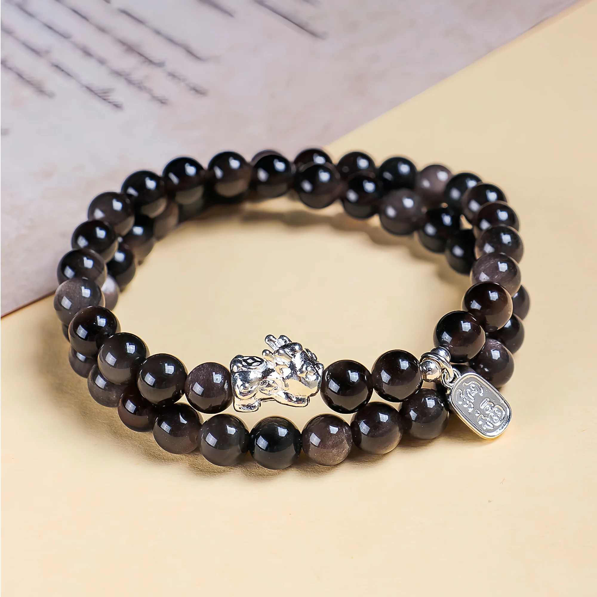 Double Layer Silver Sheen Obsidian Fortune Bracelet