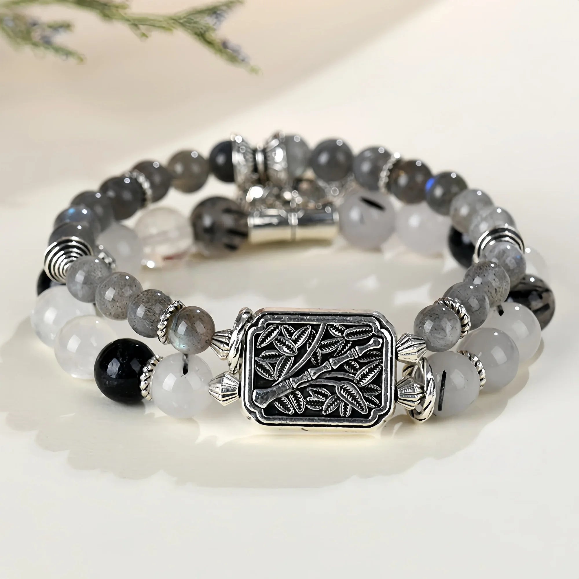 Dual Layer Labradorite & Black Rutilated Quartz Bracelet