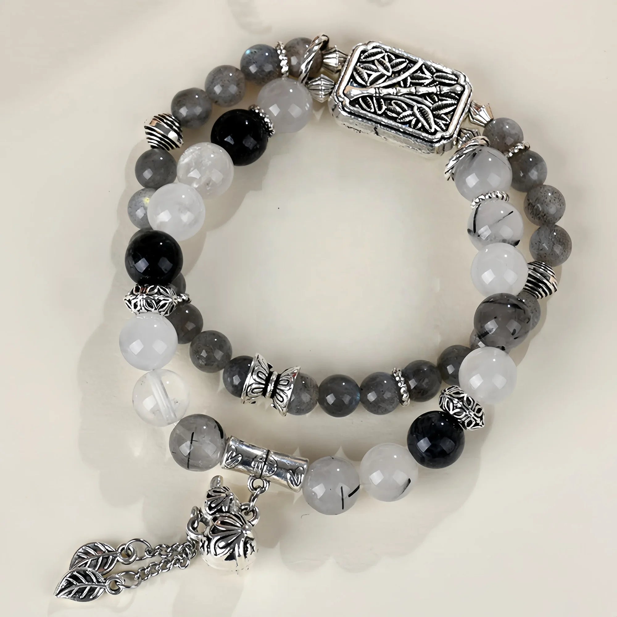 Dual Layer Labradorite & Black Rutilated Quartz Bracelet