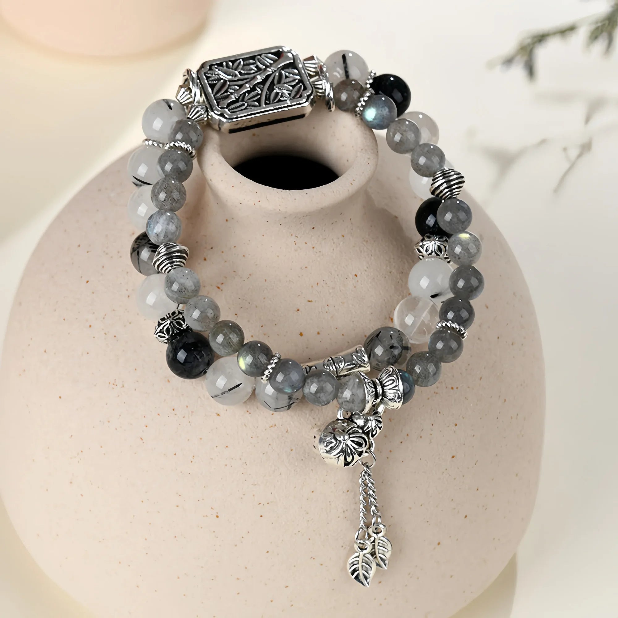 Dual Layer Labradorite & Black Rutilated Quartz Bracelet